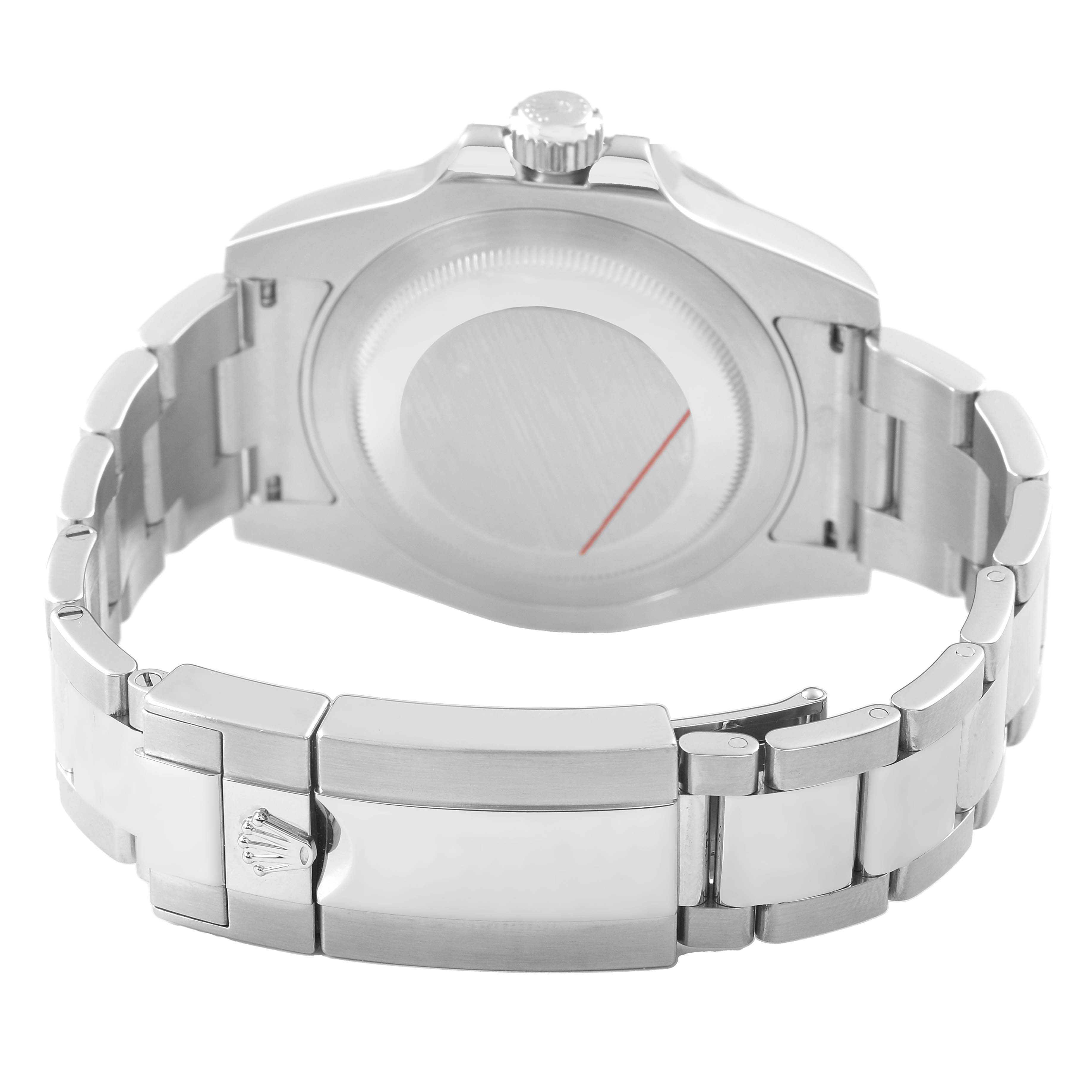 This image shows the back view of the Rolex GMT-Master 116710 Men's Stainless Steel Black Dial, highlighting the watch case, crown, and metal bracelet.