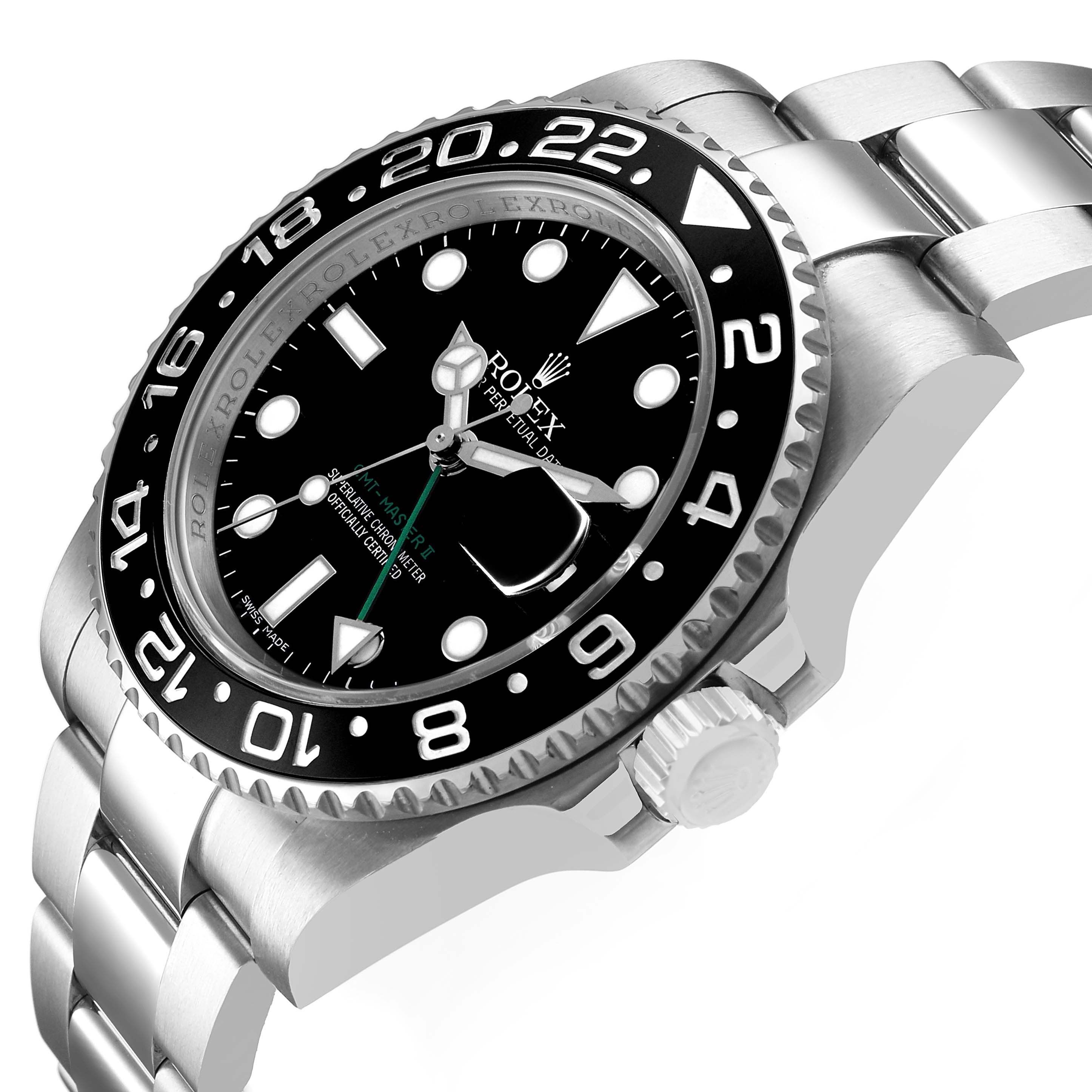 The Rolex GMT-Master 116710 Men's Stainless Steel Black Dial watch is shown at an angled side view, highlighting the bezel, face, and part of the bracelet.