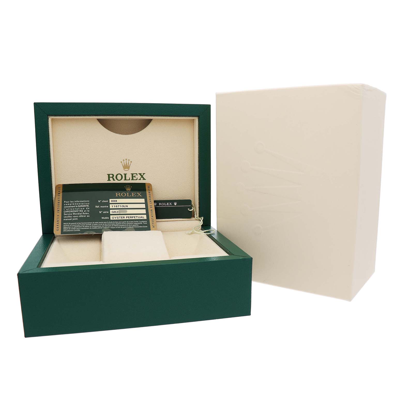 The image shows an open Rolex GMT-Master 116710 Men's Stainless Steel Black Dial watch box with cards and a tag placed inside, viewed from the front.