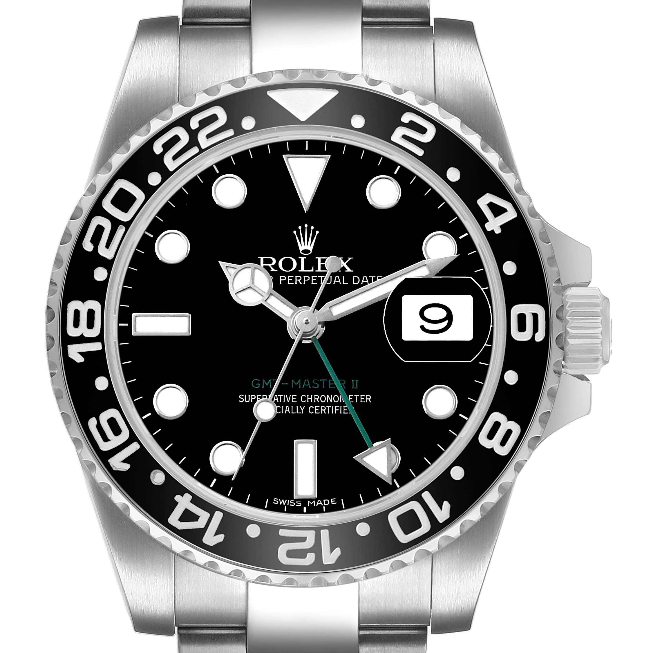 The image shows a front view of a Rolex GMT-Master 116710 Men's Stainless Steel Black Dial II, highlighting the bezel, dial, and bracelet.