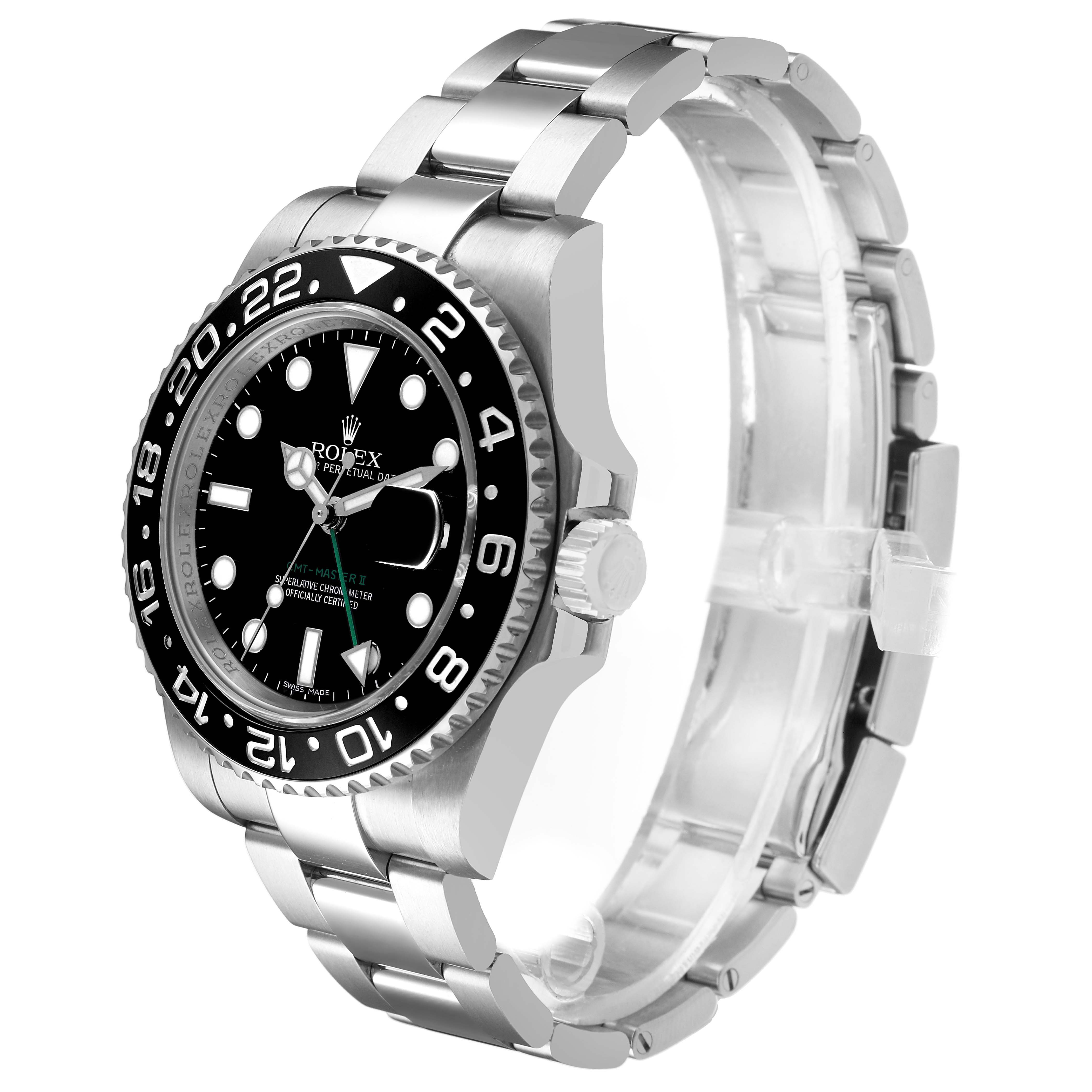 The Rolex GMT-Master 116710 Men's Stainless Steel Black Dial is shown at a three-quarter angle highlighting the dial, bezel, crown, and bracelet.