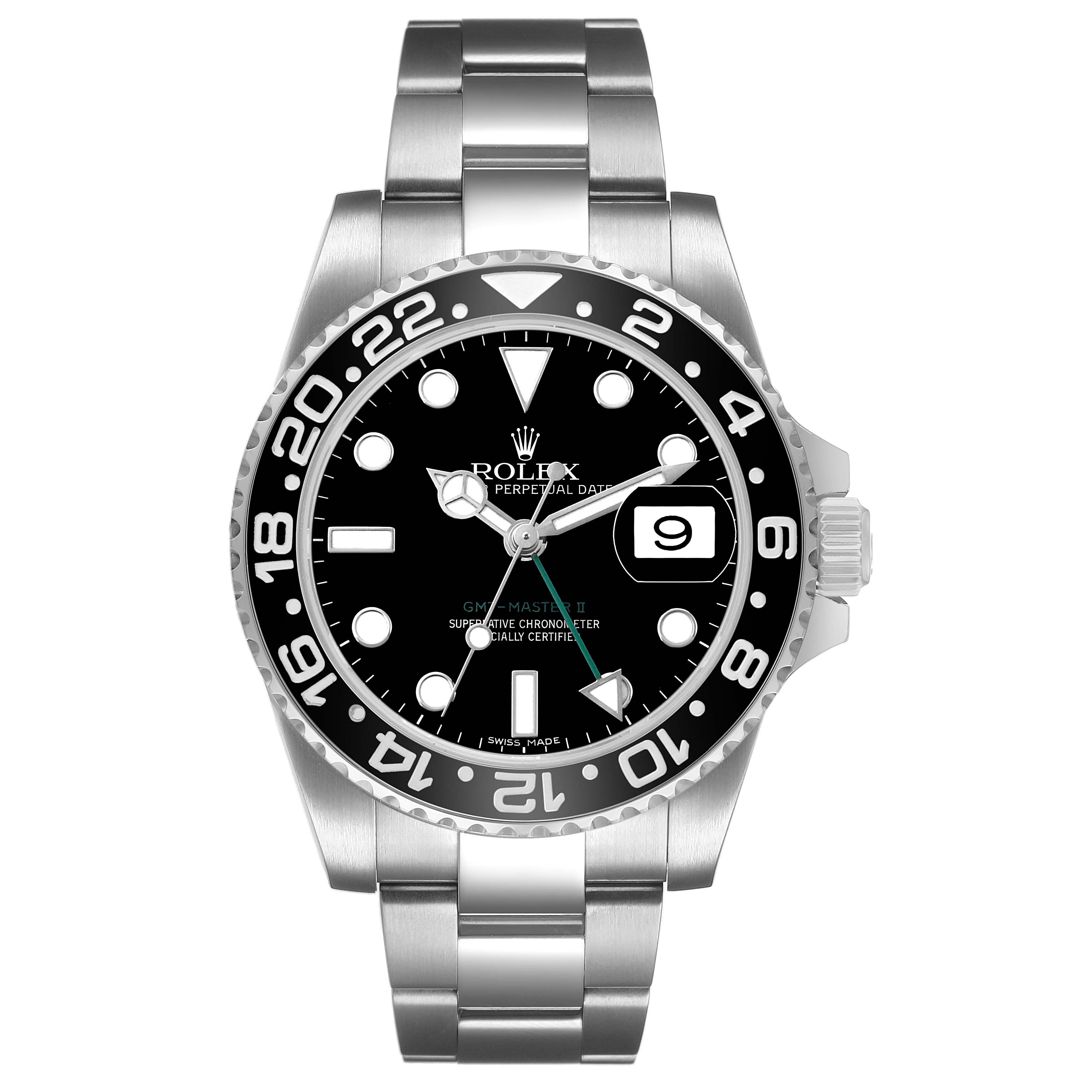 The Rolex GMT-Master 116710 Men's Stainless Steel Black Dial watch is shown from a front view, highlighting the bezel, dial, and bracelet.