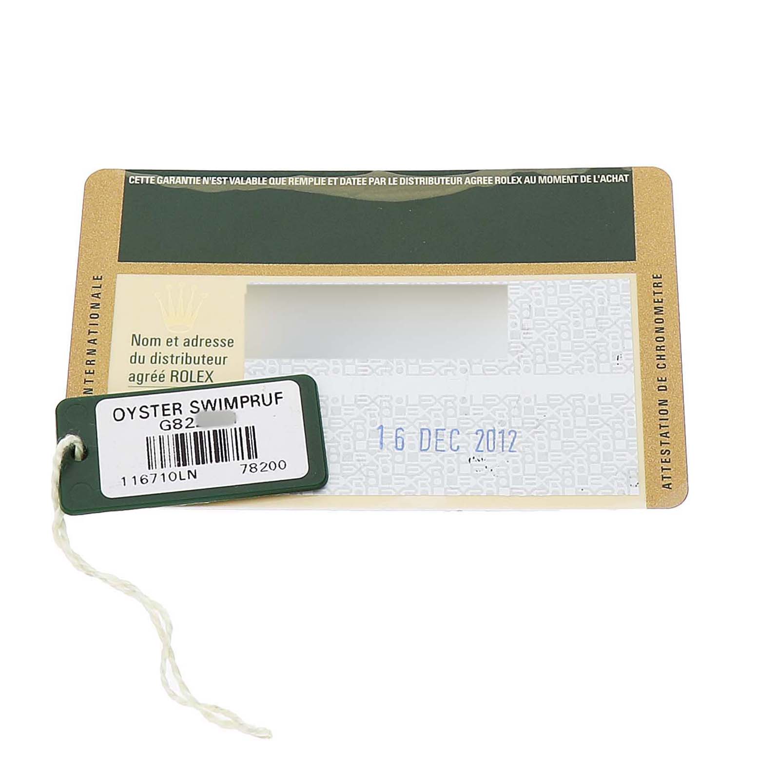 The image shows a Rolex GMT-Master 116710 Men's Stainless Steel Black Dial warranty card and hang tag, both laid flat.