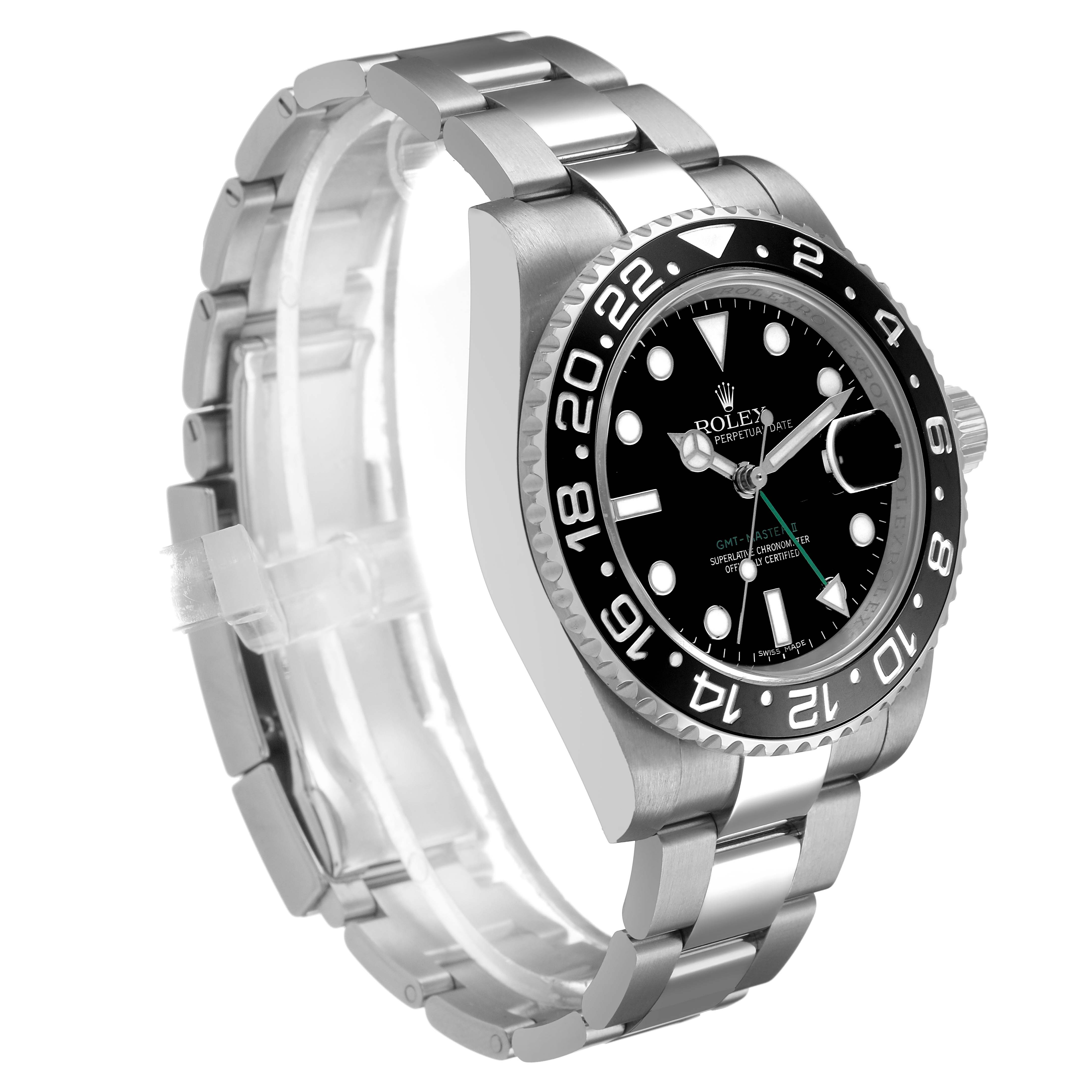 The Rolex GMT-Master 116710 Men's Stainless Steel Black Dial watch is shown at an angled side view, displaying the bezel, dial, and stainless steel bracelet.