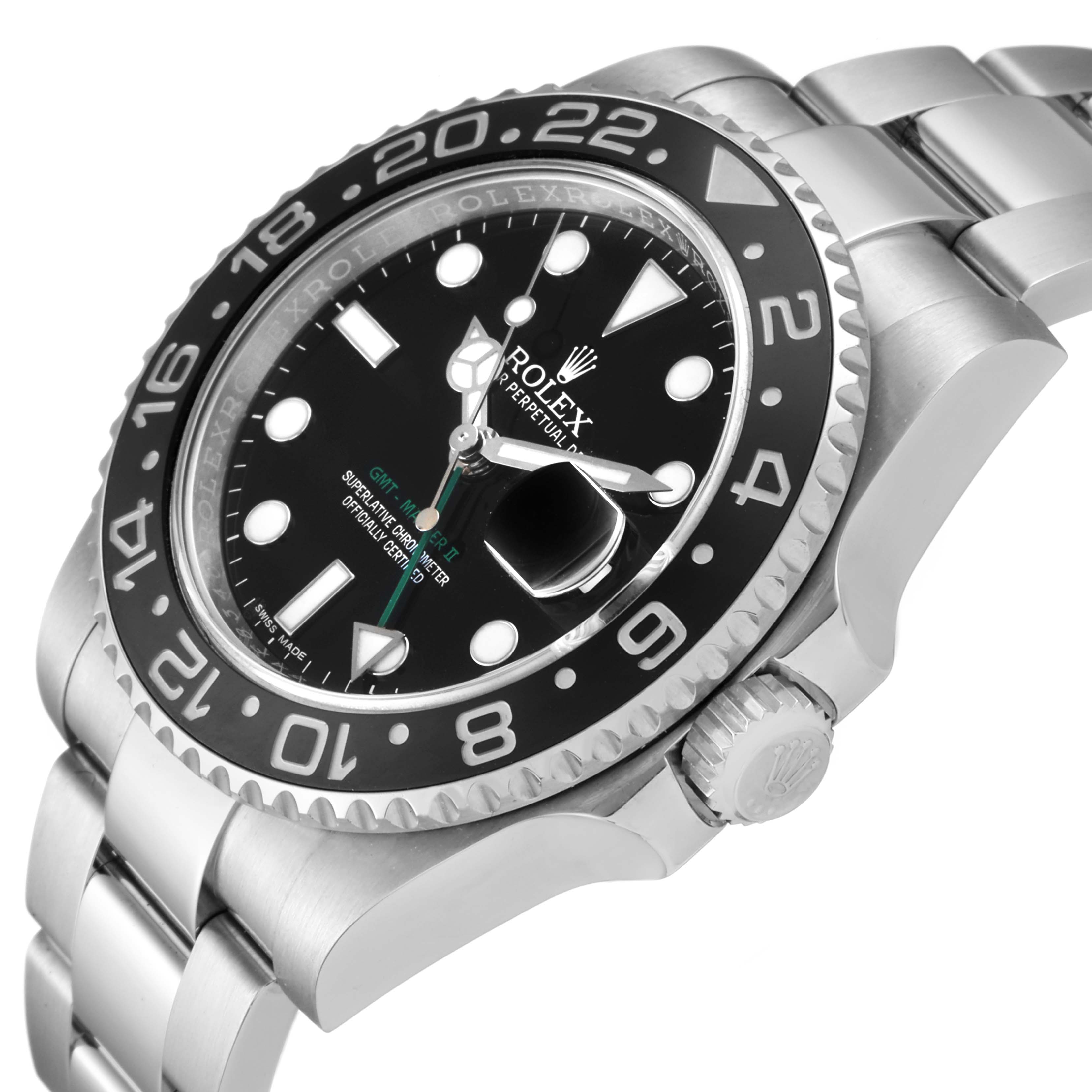 The image shows a close-up angle of the Rolex GMT-Master 116710 Men's Stainless Steel Black Dial 116710 Men's Stainless Steel Black Dial watch, highlighting its black bezel, dial, and Oyster bracelet.
