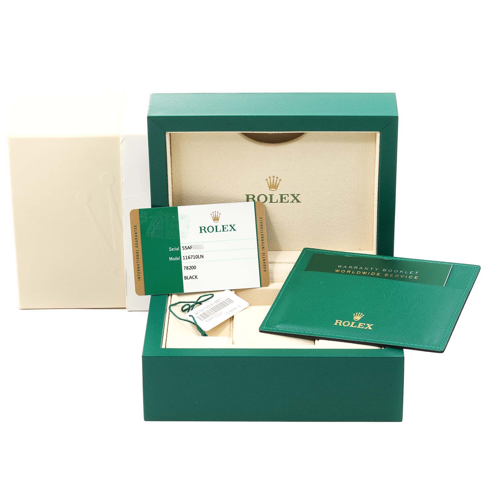 The image shows the packaging, warranty card, and booklet for a Rolex GMT-Master 116710 Men's Stainless Steel Black Dial 116710 Men's Stainless Steel Black Dial watch.