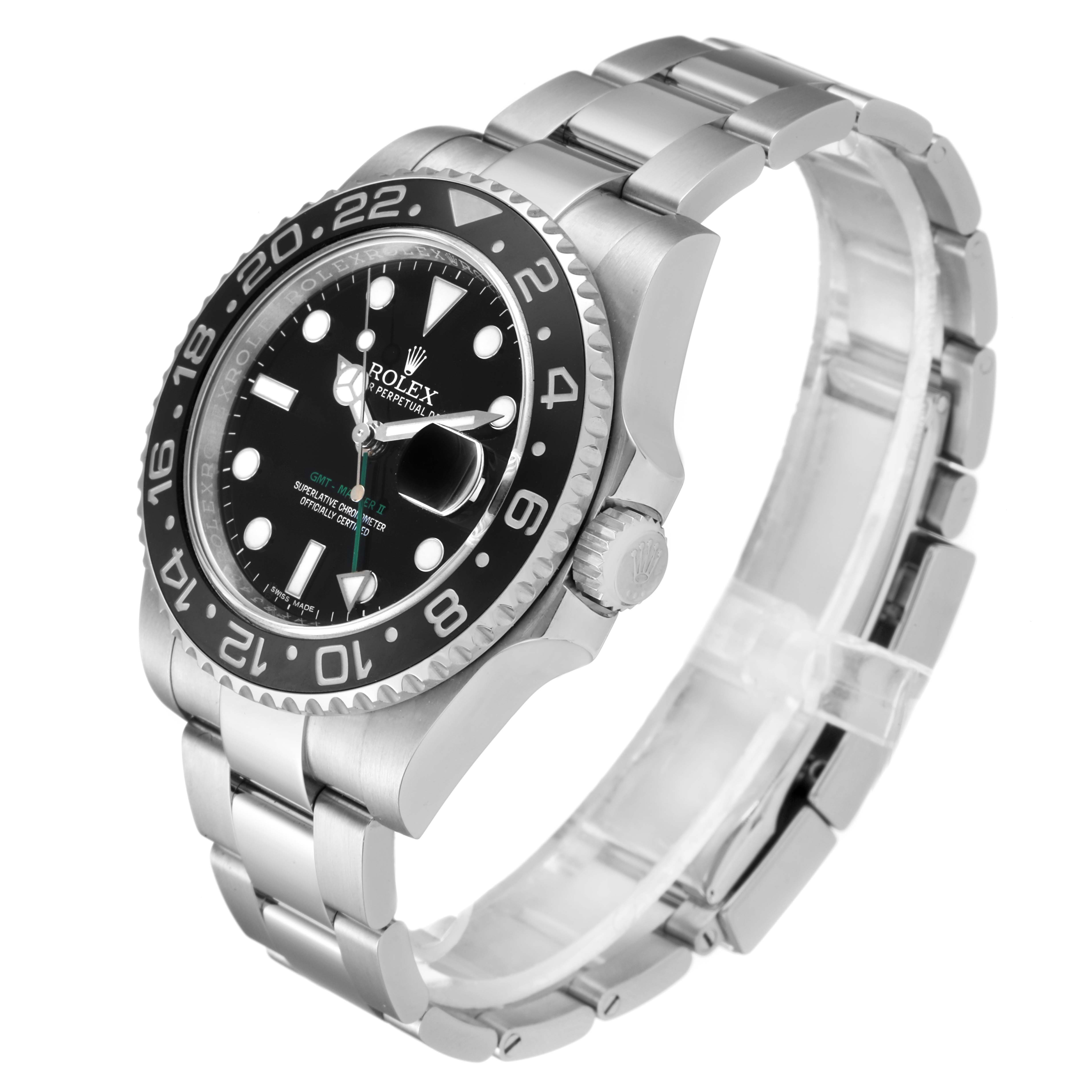 The image shows the Rolex GMT-Master 116710 Men's Stainless Steel Black Dial 116710 Men's Stainless Steel Black Dial watch at a three-quarter angle, highlighting the face, bezel, crown, and bracelet.