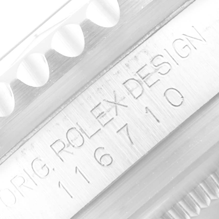 This close-up image shows the side engraving and partial bezel of a Rolex GMT-Master 116710 Men's Stainless Steel Black Dial 116710 Men's Stainless Steel Black Dial watch, displaying "ORIG. ROLEX DESIGN 116710".