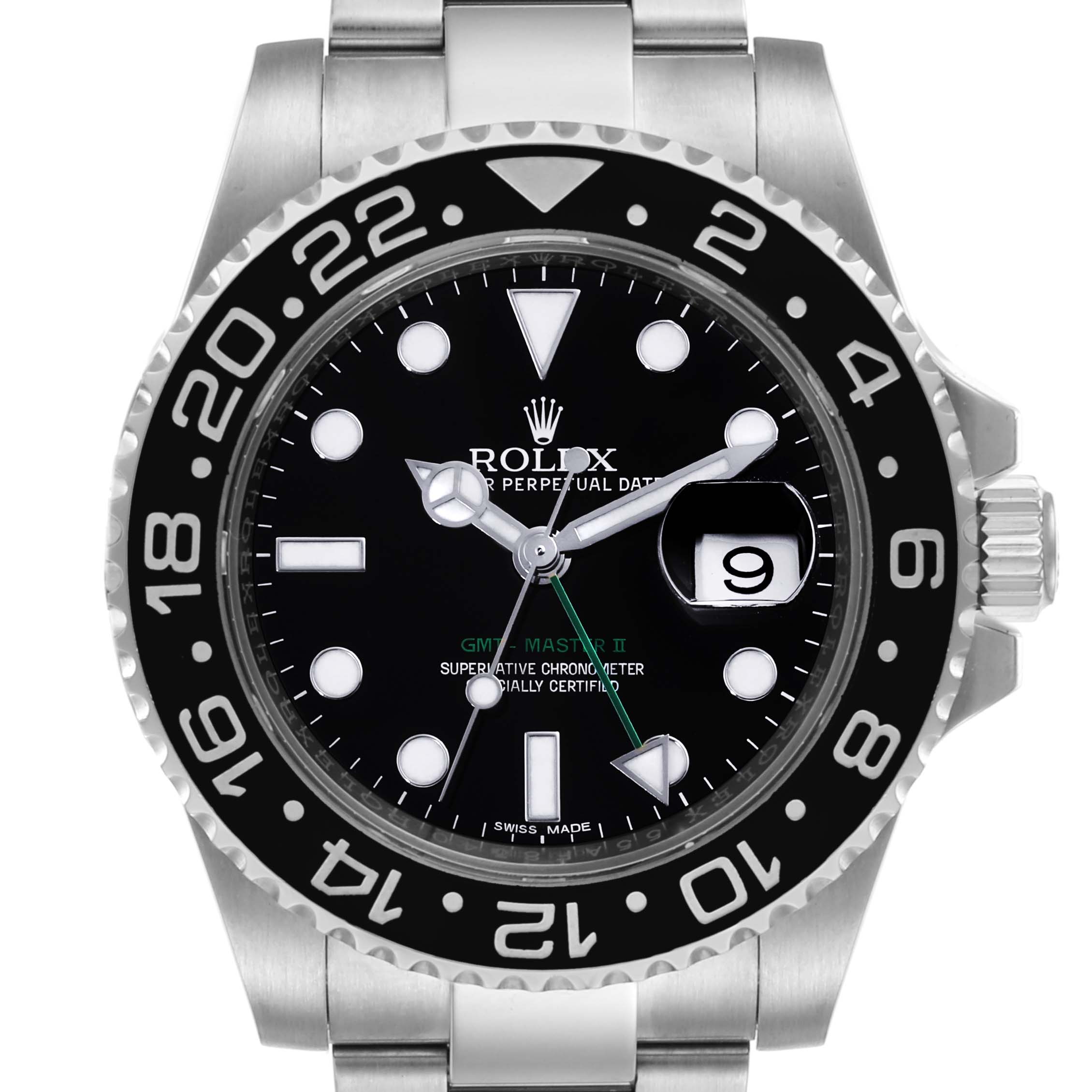 This image shows a front view of a Rolex GMT-Master 116710 Men's Stainless Steel Black Dial 116710 Men's Stainless Steel Black Dial II watch, highlighting its dial, bezel, hands, and bracelet.