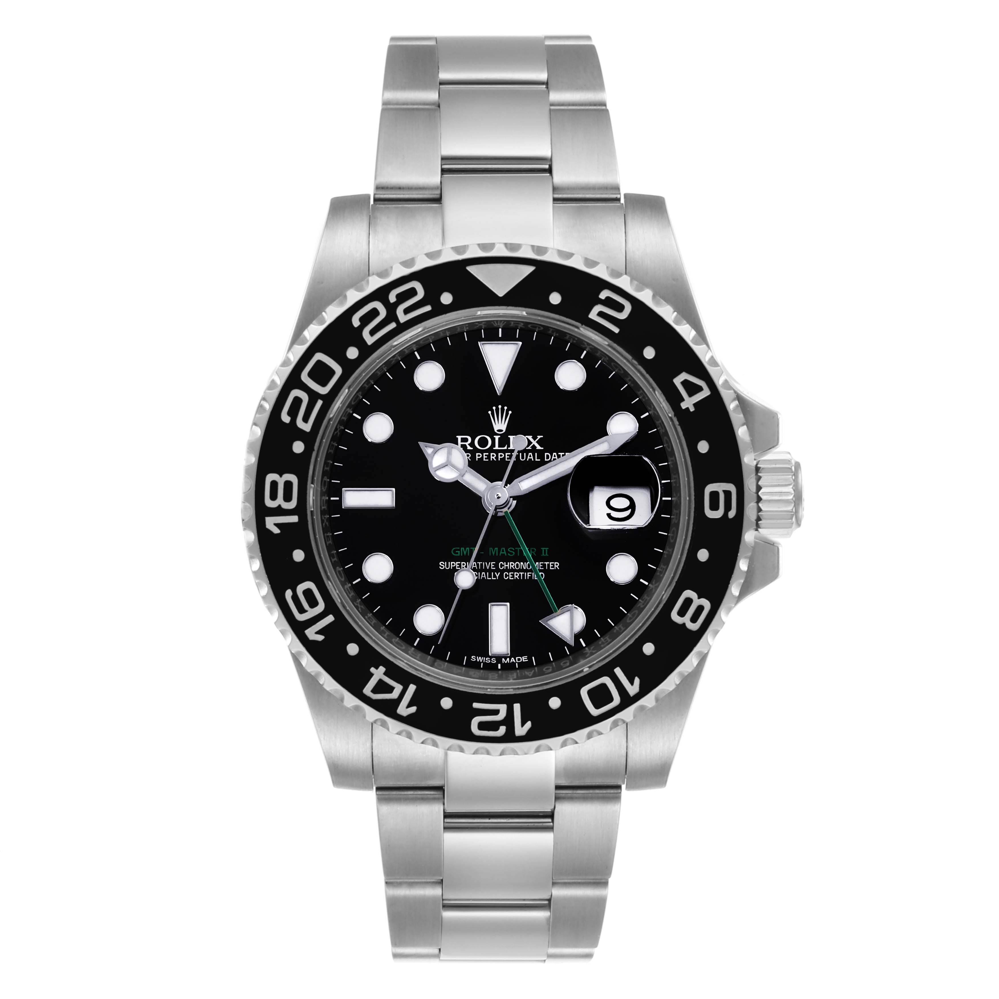 The image shows a front view of a Rolex GMT-Master 116710 Men's Stainless Steel Black Dial 116710 Men's Stainless Steel Black Dial watch, highlighting its dial, bezel, bracelet, and crown.