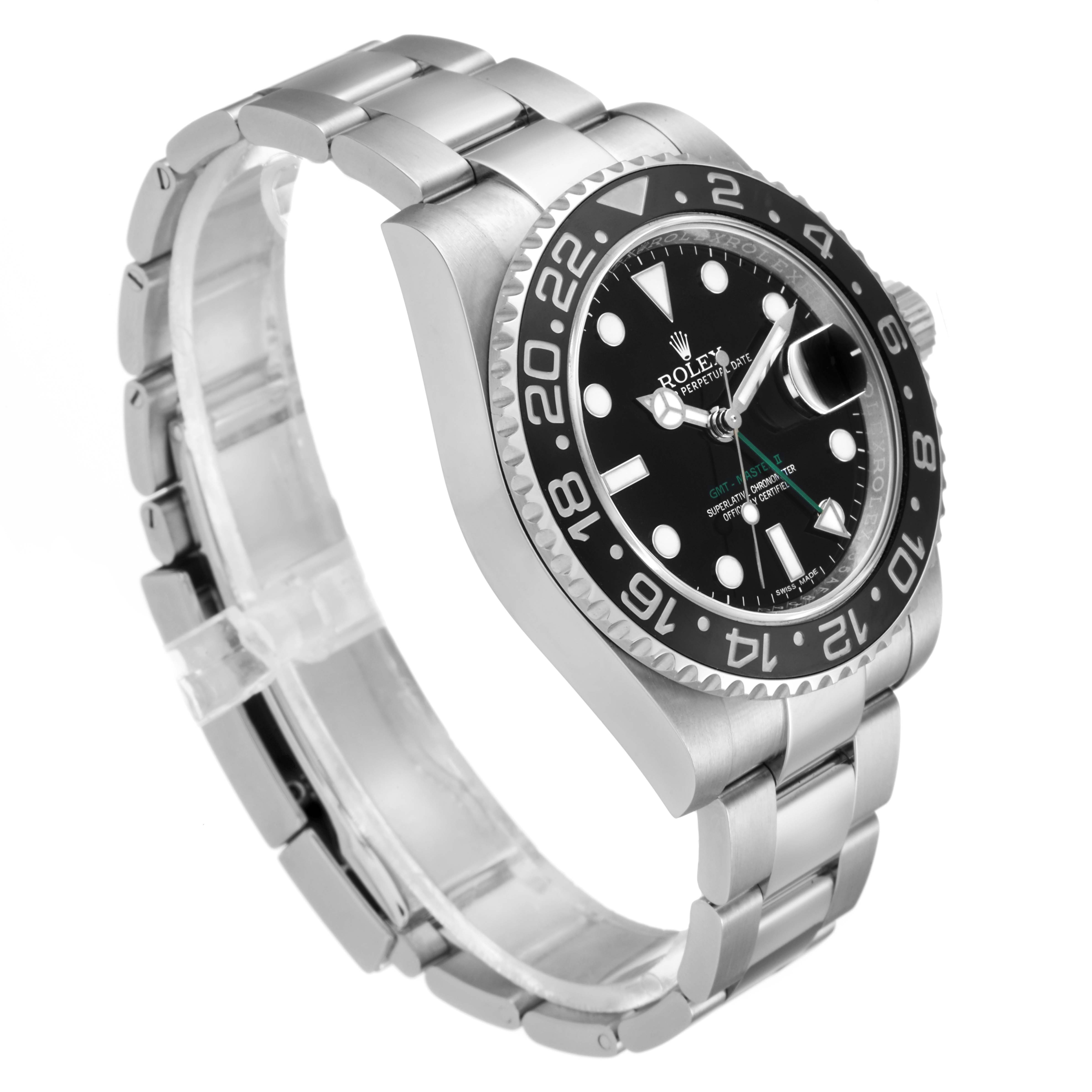 This image shows a side view of a Rolex GMT-Master 116710 Men's Stainless Steel Black Dial 116710 Men's Stainless Steel Black Dial watch, highlighting the bracelet, case, and bezel.