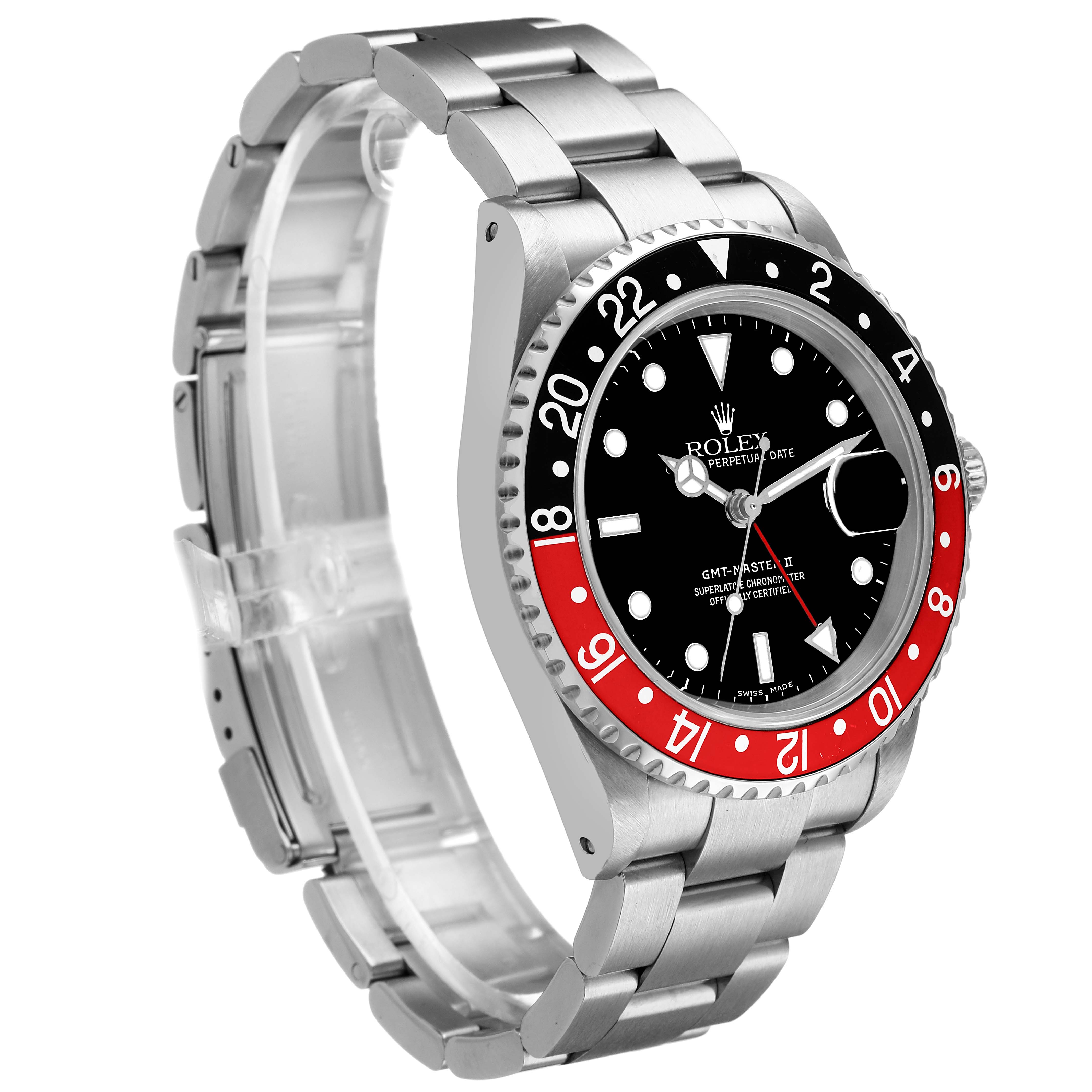 The Rolex GMT-Master 16710 Men's Stainless Steel Black Dial watch is shown from a front angled view, highlighting the bezel, face, and bracelet.