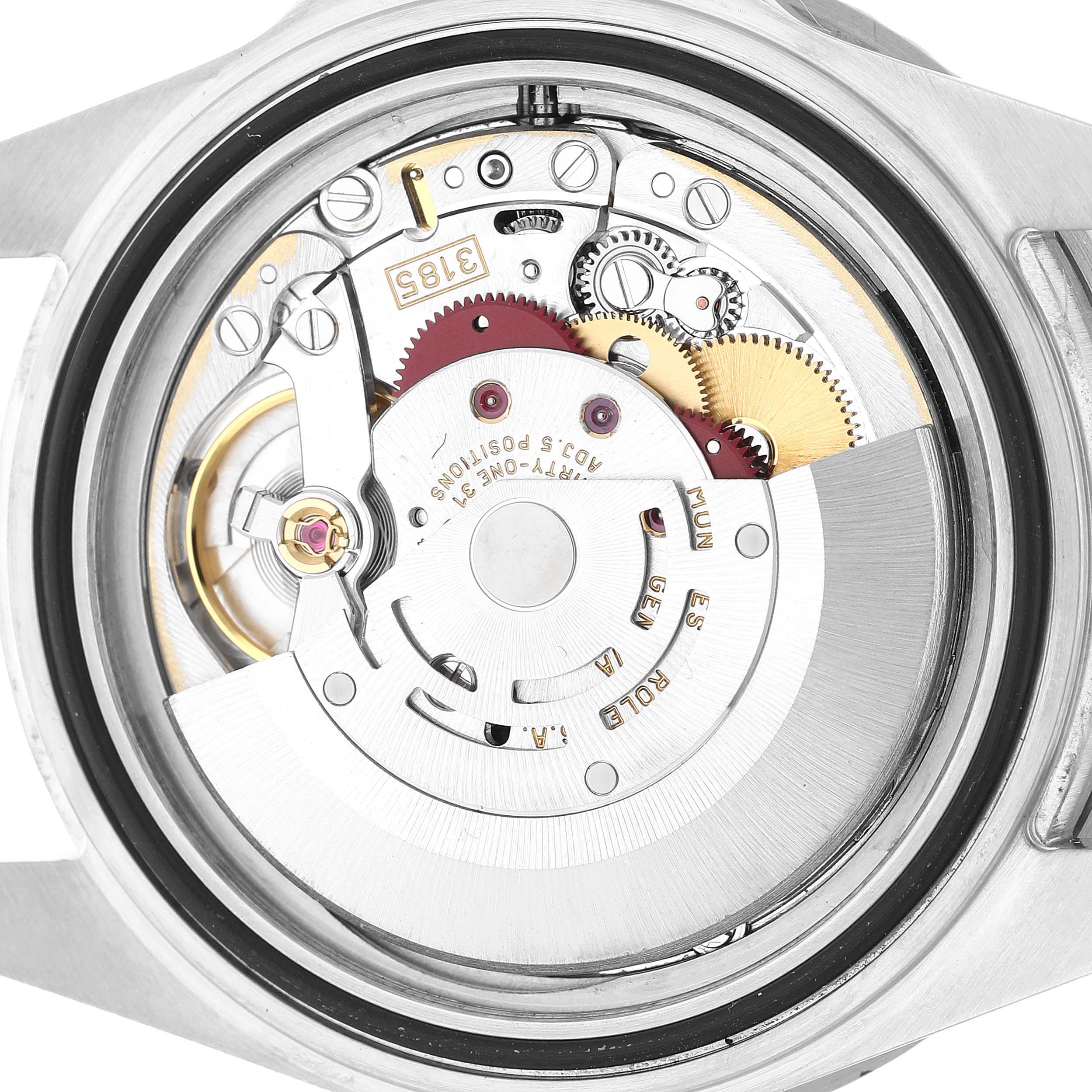 The image shows the back view of a Rolex GMT-Master 16710 Men's Stainless Steel Black Dial watch, highlighting its internal mechanical movement.