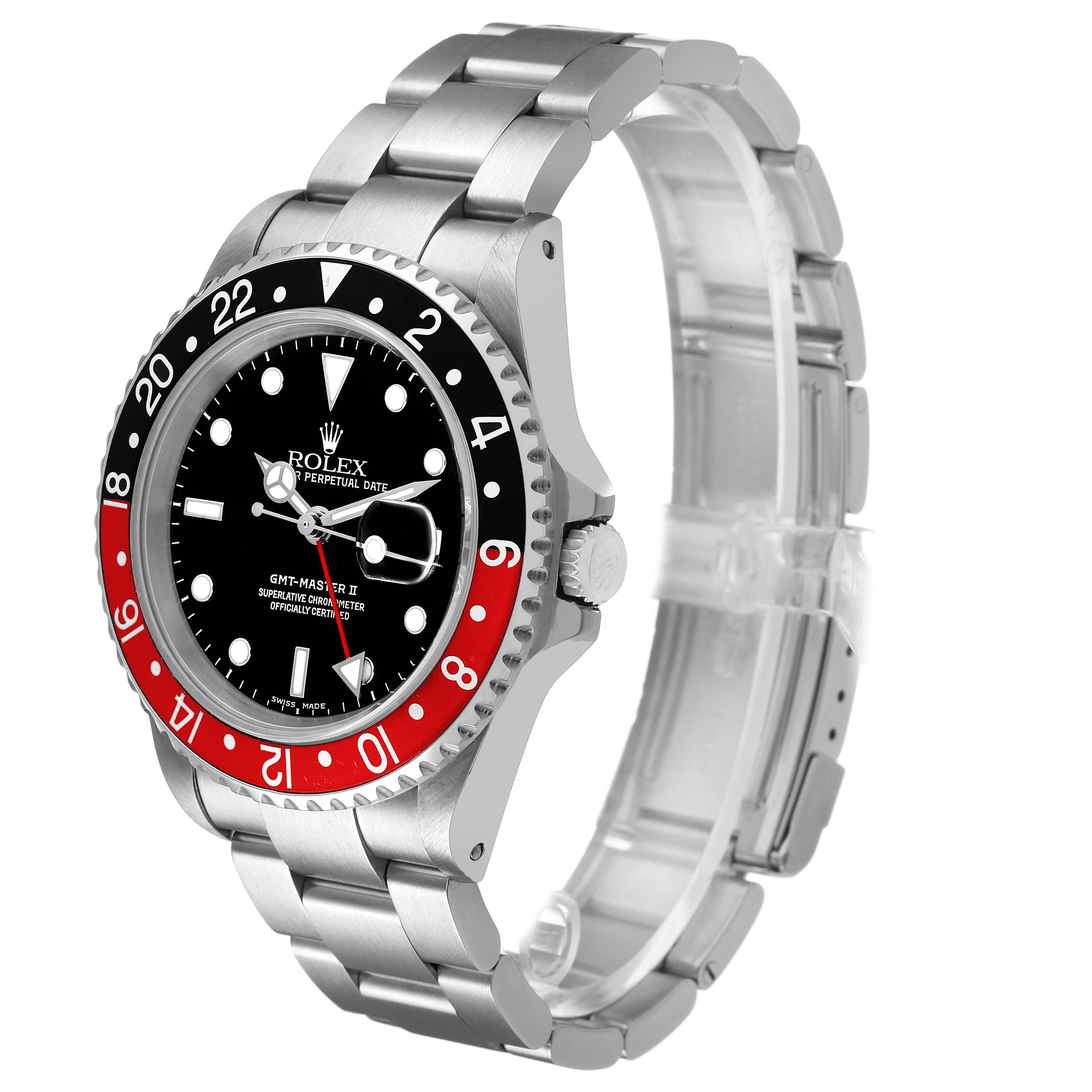 The Rolex GMT-Master 16710 Men's Stainless Steel Black Dial watch is shown at a slight side angle, displaying the bezel, face, and partial bracelet.