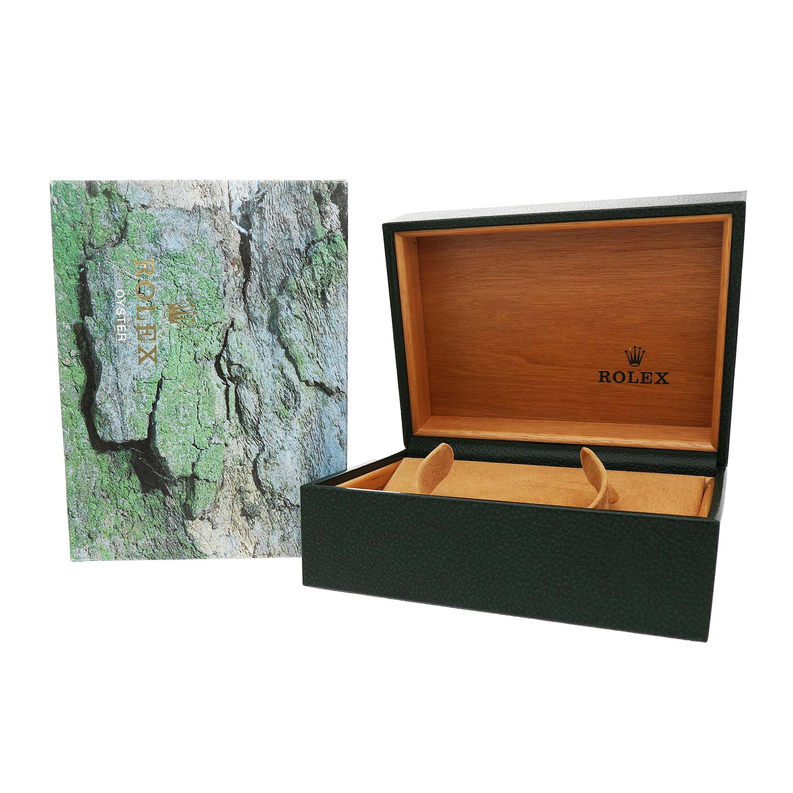 The image shows a Rolex GMT-Master 16710 Men's Stainless Steel Black Dial watch's open box and outer packaging, featuring the logo inside the lid.