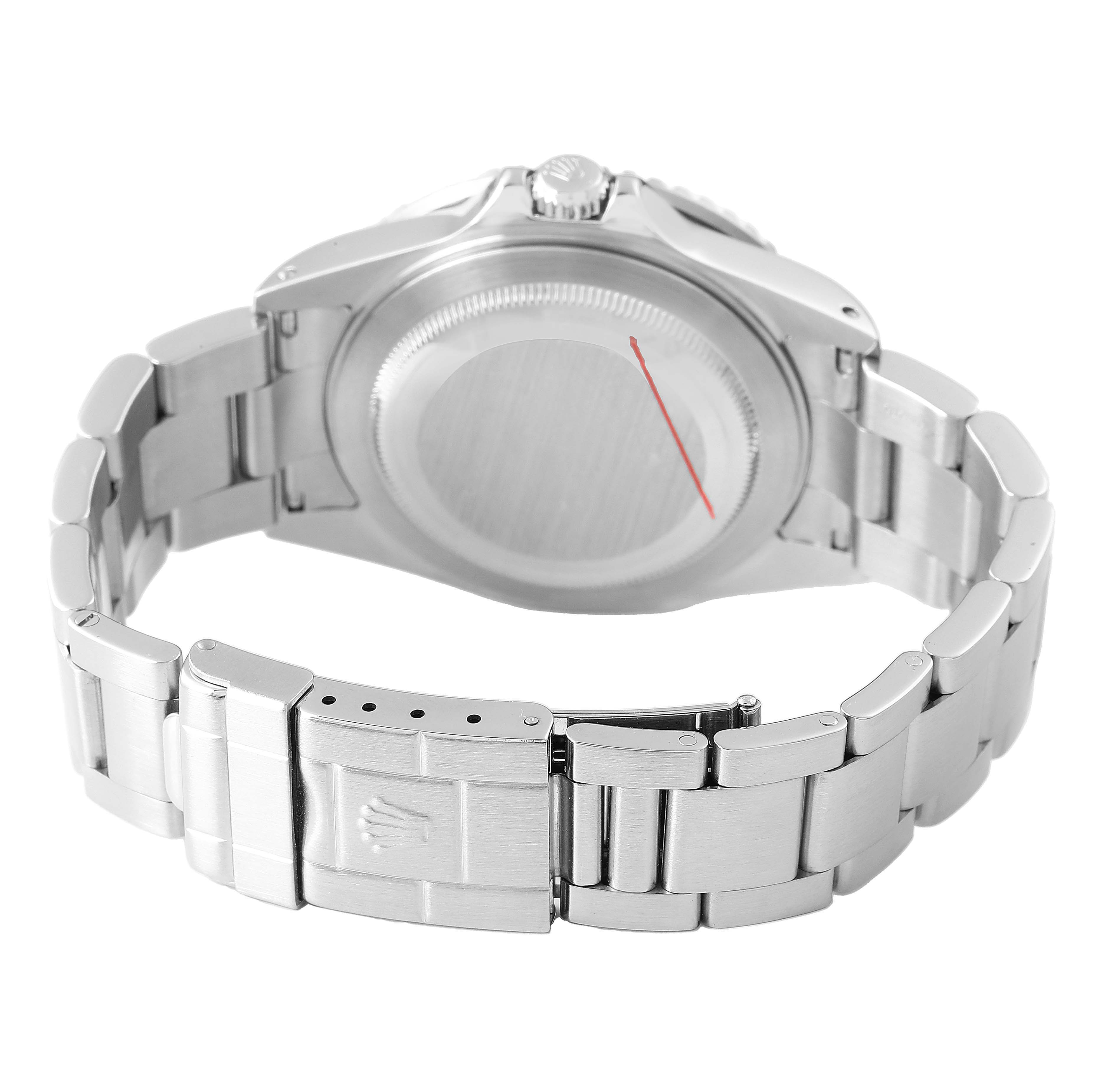 The image shows the back view of a Rolex GMT-Master 16710 Men's Stainless Steel Black Dial watch, highlighting the case back, bracelet, and clasp.