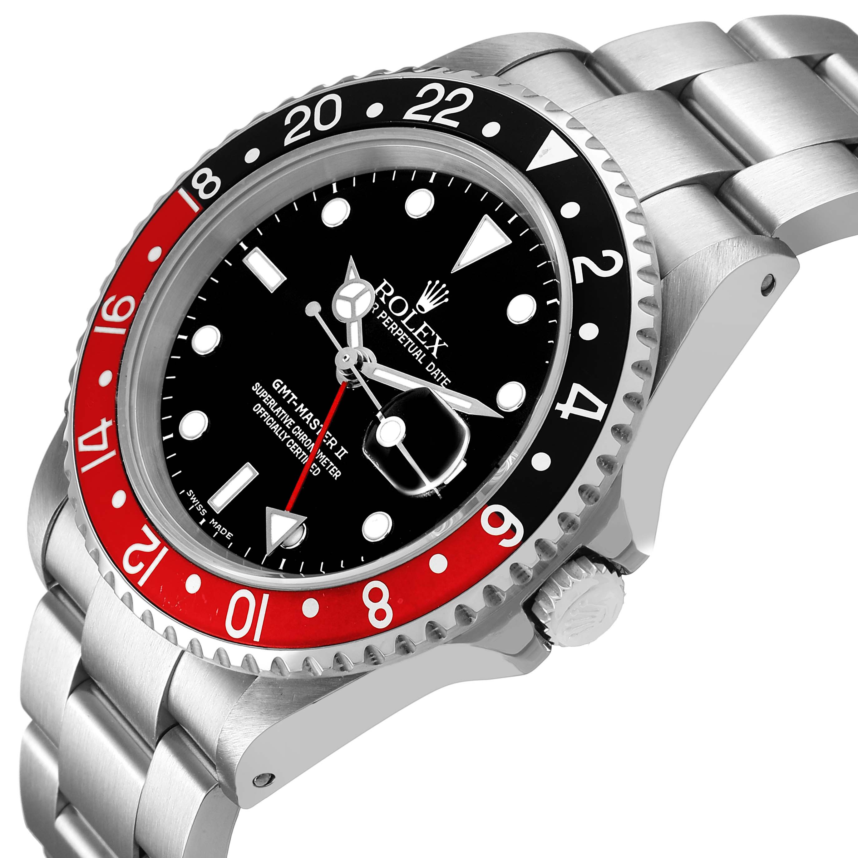The Rolex GMT-Master 16710 Men's Stainless Steel Black Dial watch is shown at an angle emphasizing the bezel, crown, and bracelet.