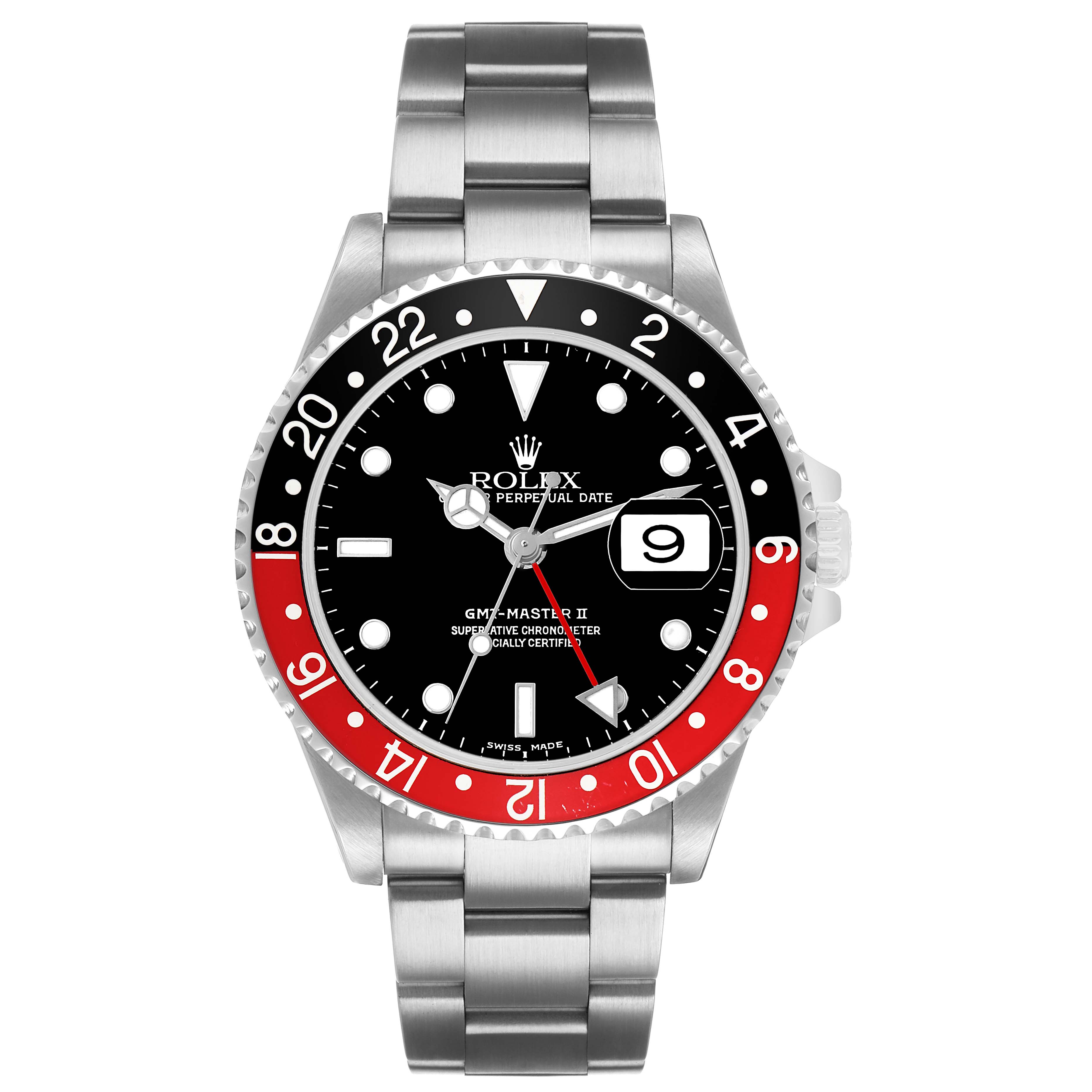 The Rolex GMT-Master 16710 Men's Stainless Steel Black Dial watch is shown from the front, displaying the bezel, dial, bracelet, and date window prominently.