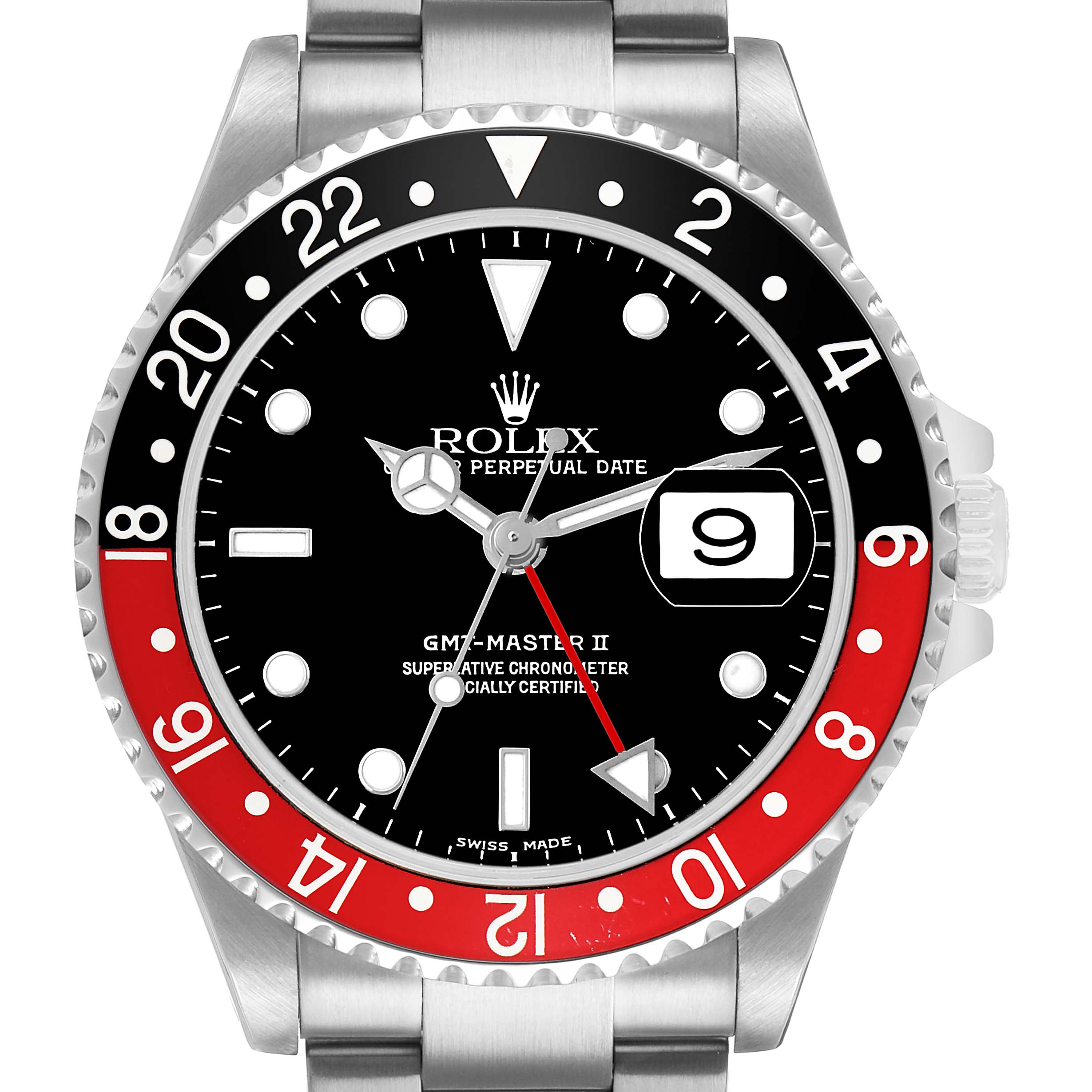 The image shows a frontal view of the Rolex GMT-Master 16710 Men's Stainless Steel Black Dial II, highlighting the bezel, dial, hands, and date window.