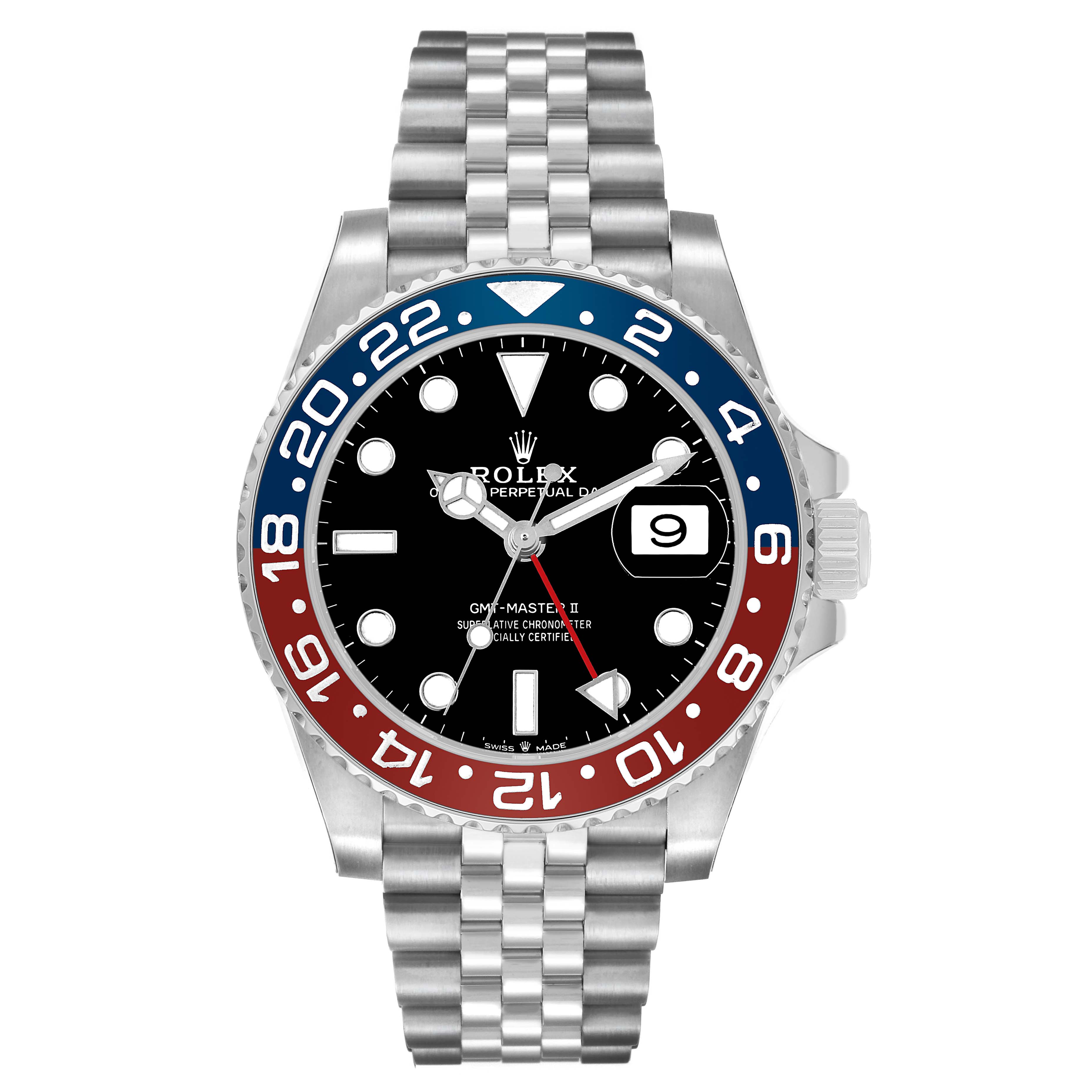 The Rolex GMT-Master 126710 Men's Stainless Steel Black Dial watch is shown from the front, displaying the bezel, dial, hands, and bracelet.