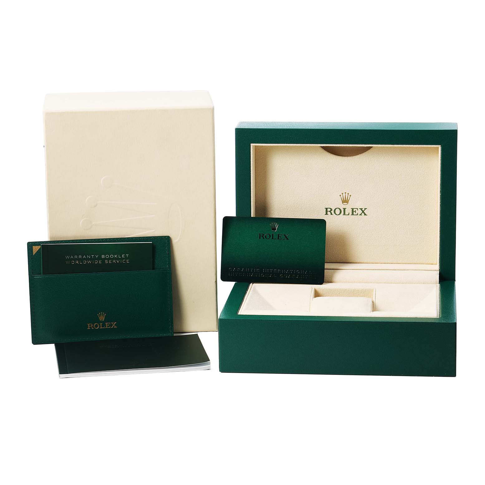 The image shows the packaging and accessories for a Rolex GMT-Master 126710 Men's Stainless Steel Black Dial, including the box, warranty booklet, and cardholder.