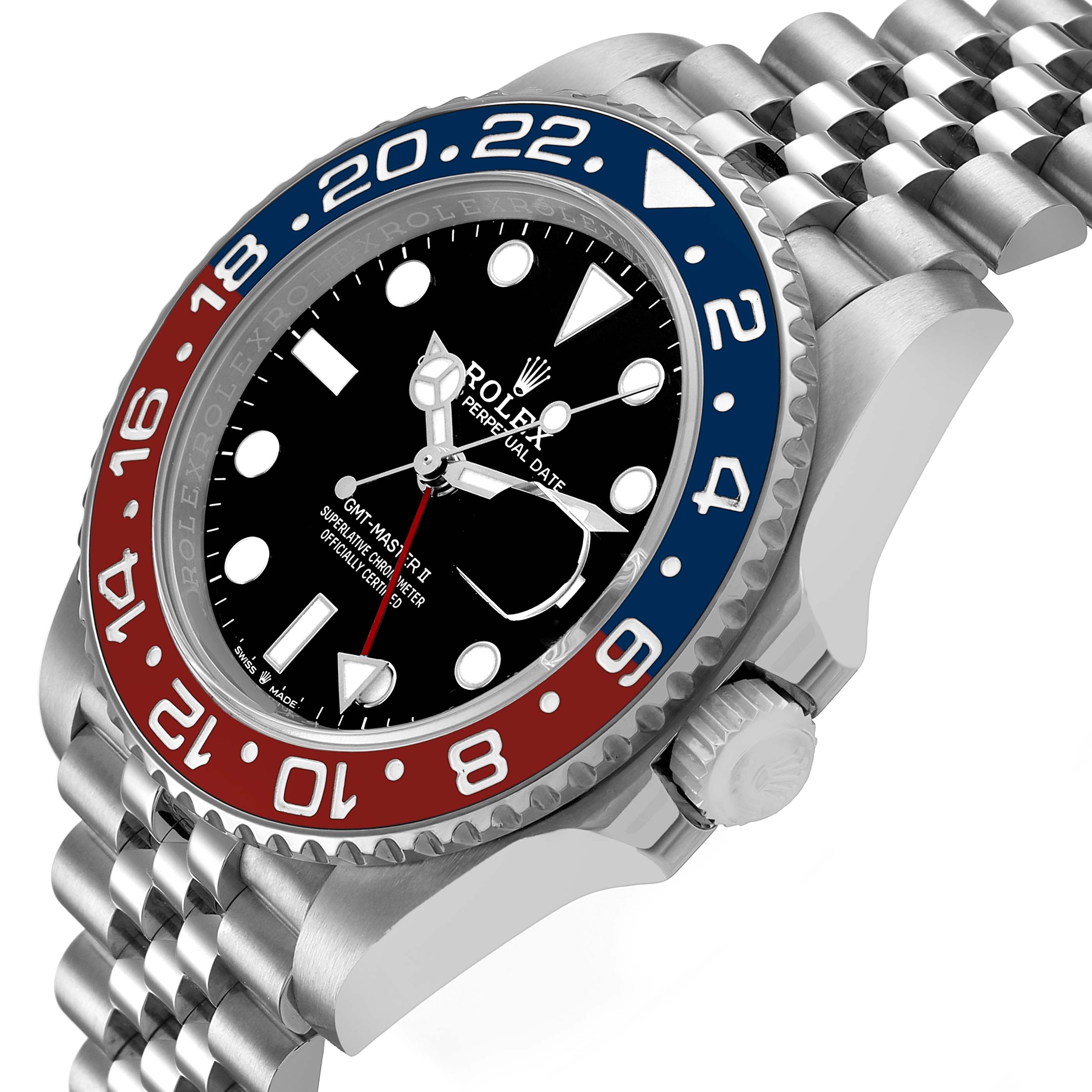 The Rolex GMT-Master 126710 Men's Stainless Steel Black Dial watch is shown from an angled side view, highlighting the bezel, dial, and bracelet.