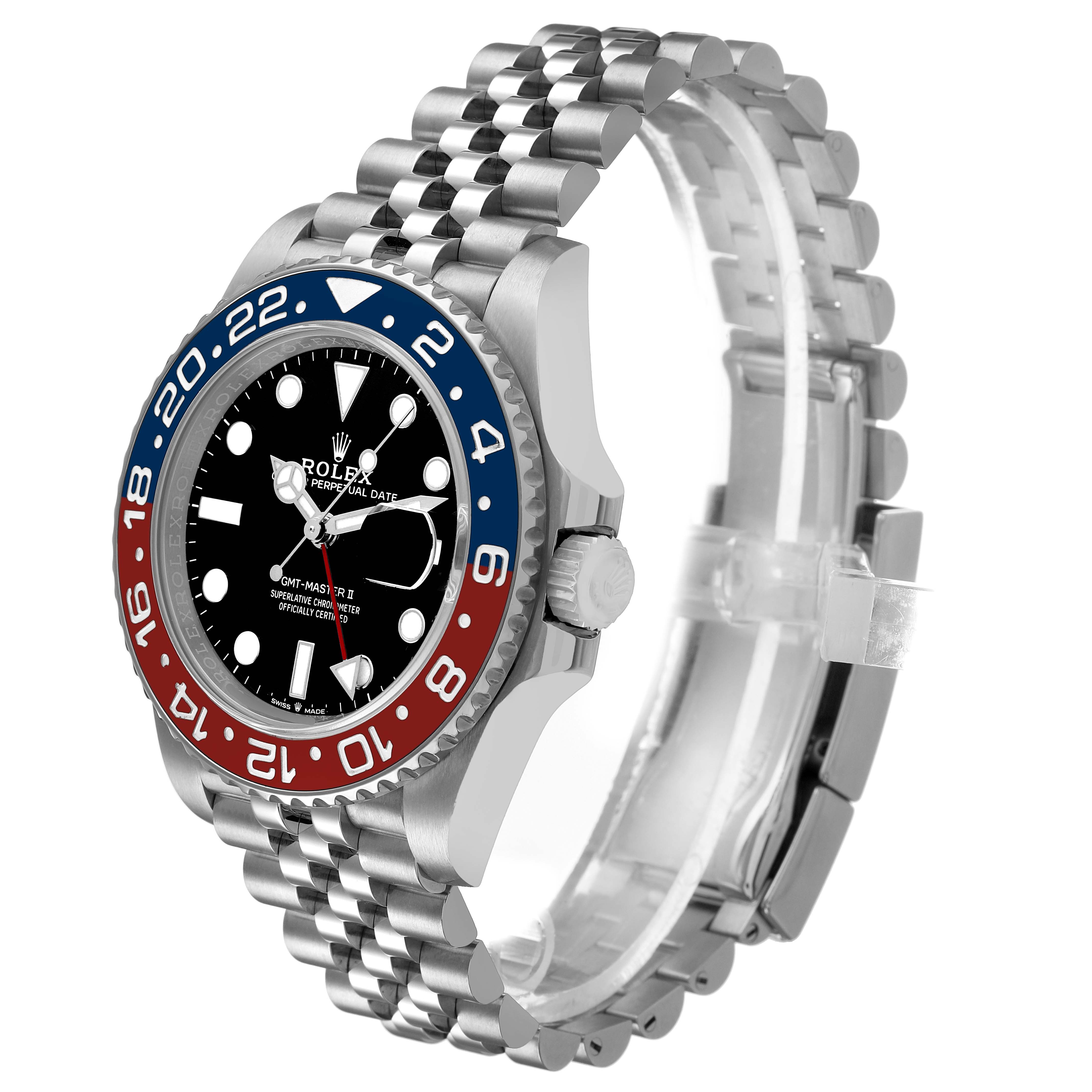 The Rolex GMT-Master 126710 Men's Stainless Steel Black Dial is shown at a three-quarter angle highlighting the bezel, dial, crown, and bracelet.