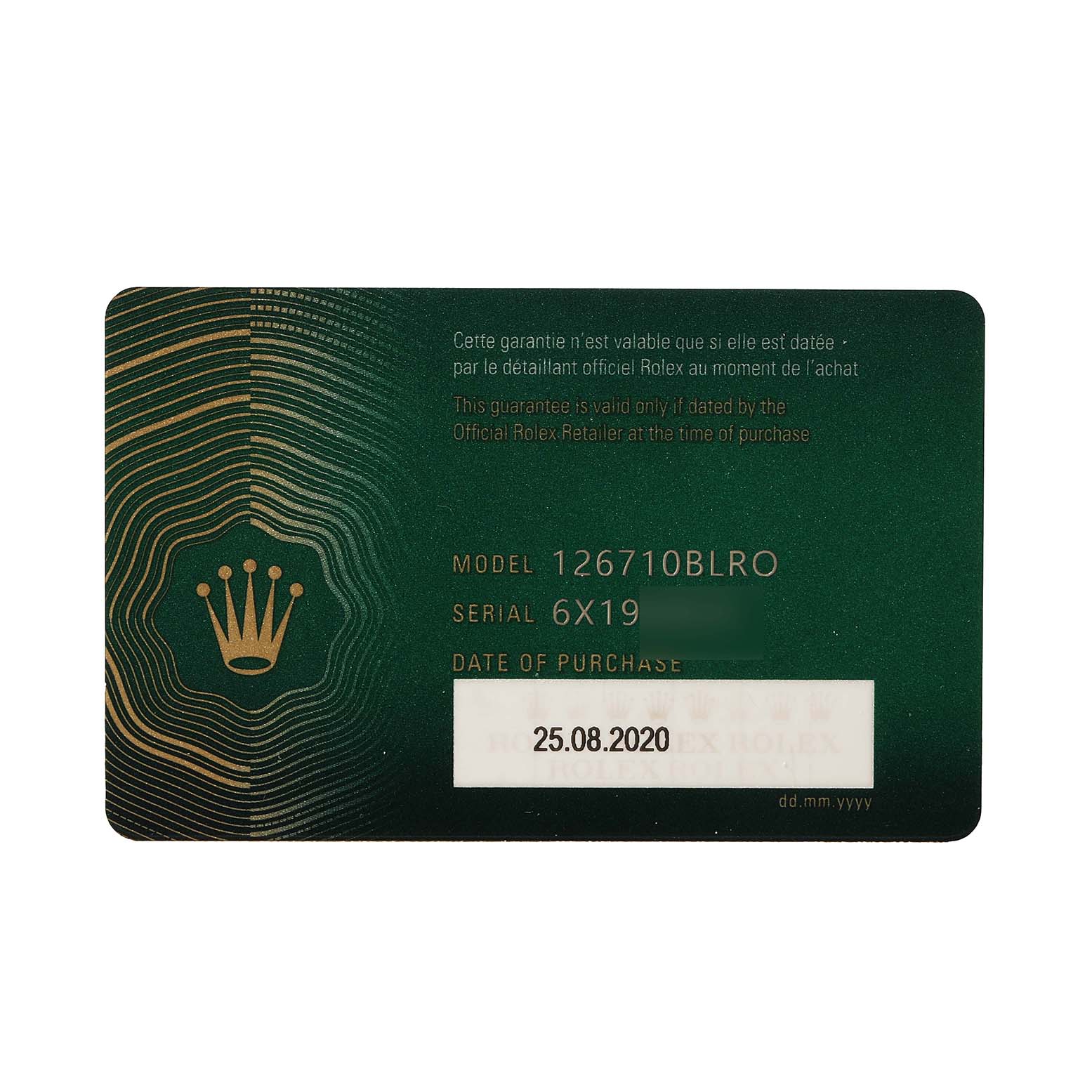 The image shows a warranty card for a Rolex GMT-Master 126710 Men's Stainless Steel Black Dial, model 126710BLRO, featuring model and serial numbers.