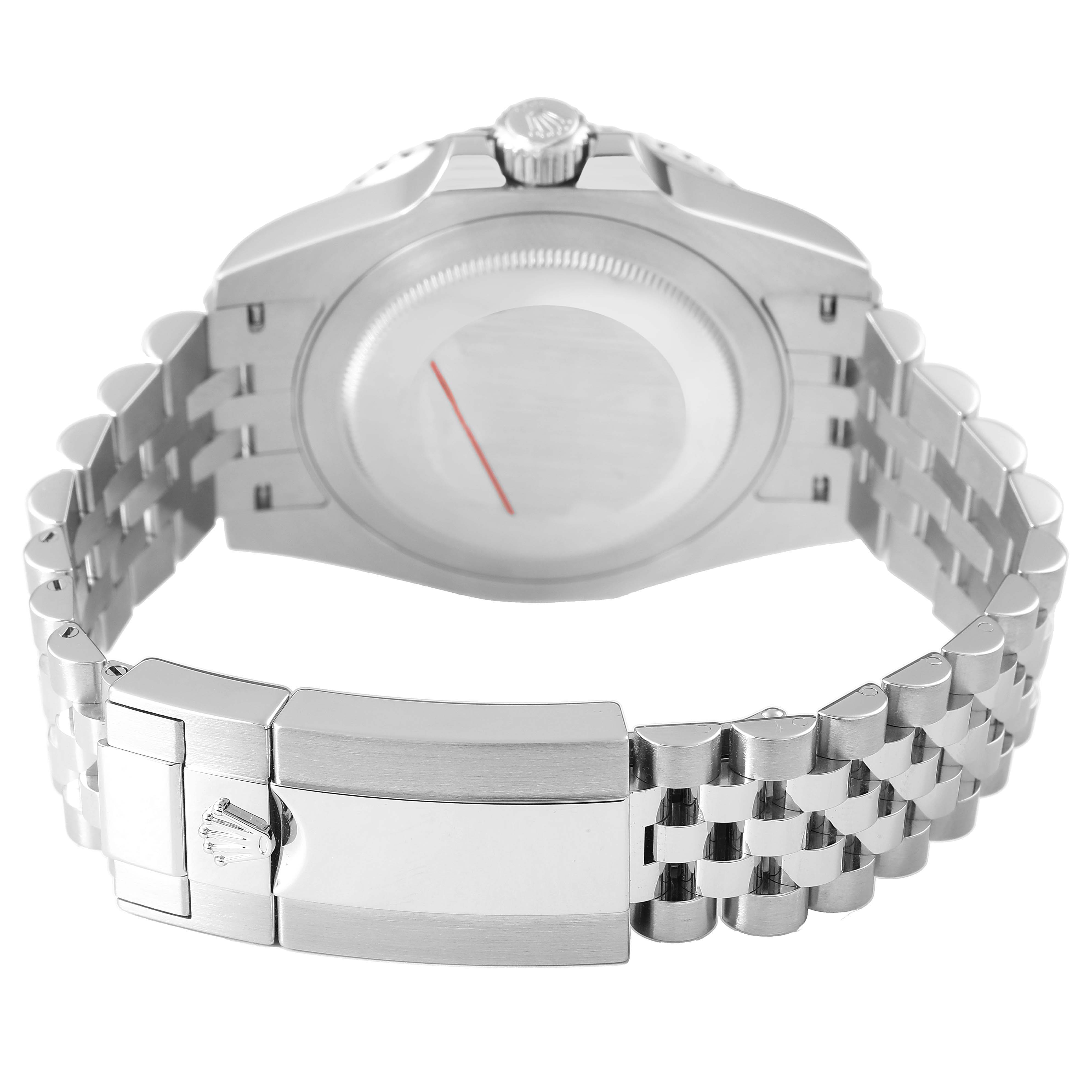 The image shows the back of the Rolex GMT-Master 126710 Men's Stainless Steel Black Dial watch, focusing on the clasp and bracelet.