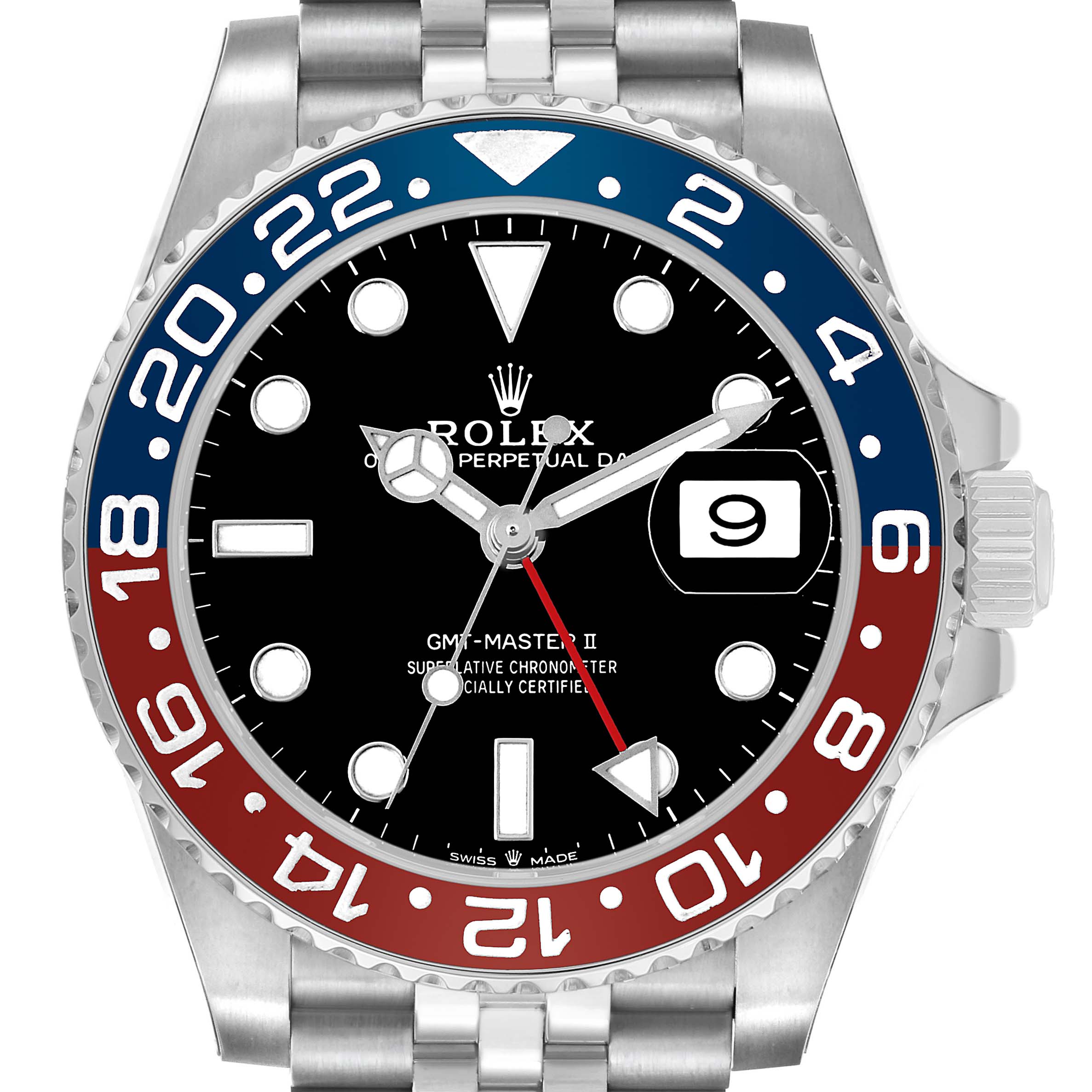 The Rolex GMT-Master 126710 Men's Stainless Steel Black Dial II is shown from a front angle, displaying its bezel, dial, and bracelet.