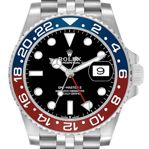 The image shows a Rolex GMT-Master 126710 Men's Stainless Steel Black Dial II watch from a front-angle, highlighting the black dial, Pepsi bezel, and metal bracelet.