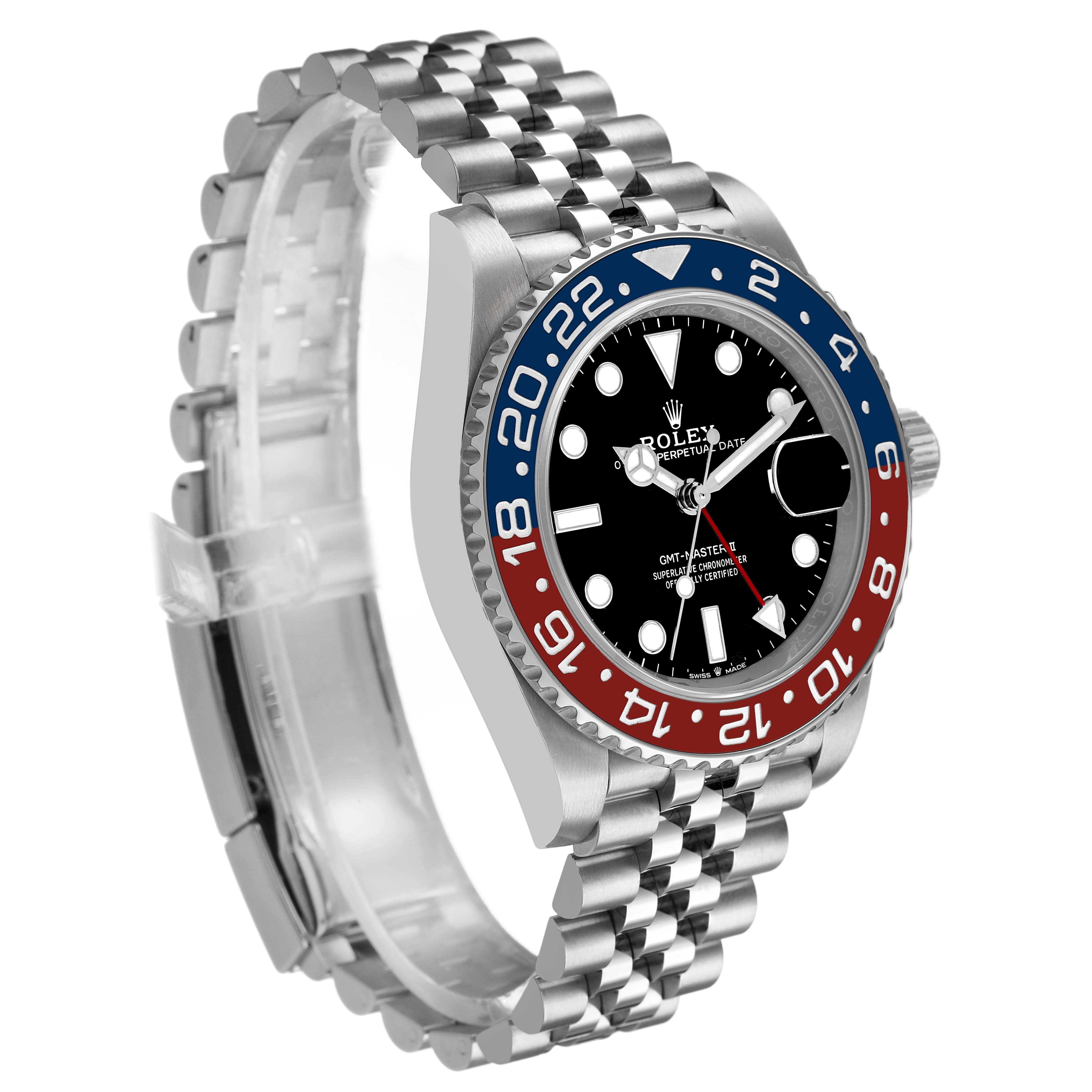 The Rolex GMT-Master 126710 Men's Stainless Steel Black Dial watch is shown at a three-quarter angle, displaying the bezel, face, and bracelet.