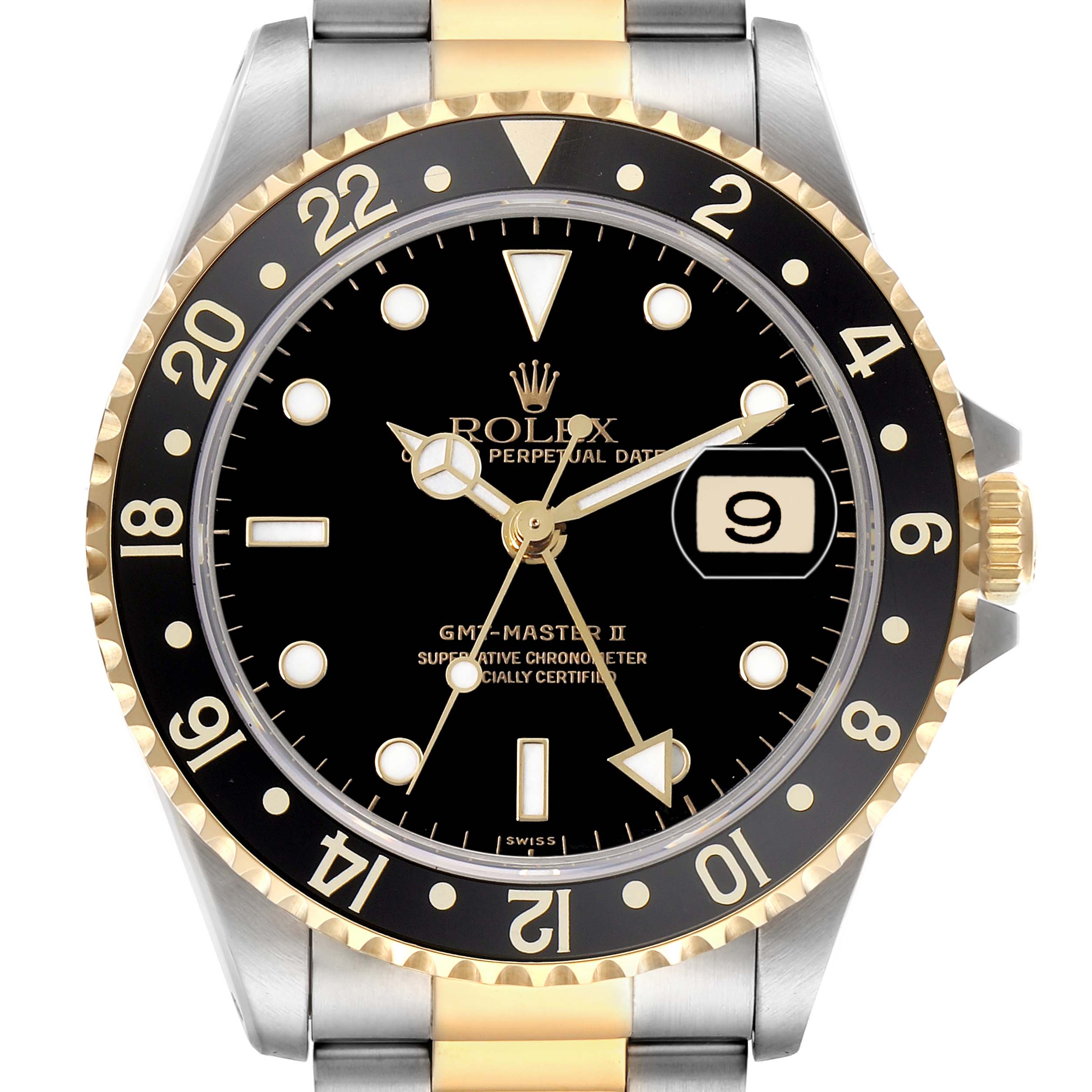 The Rolex GMT-Master 16713LN Men's Steel and Gold (two tone) Black Dial watch is shown from the front, displaying its dial and bezel in detail, highlighting the two-tone bracelet.