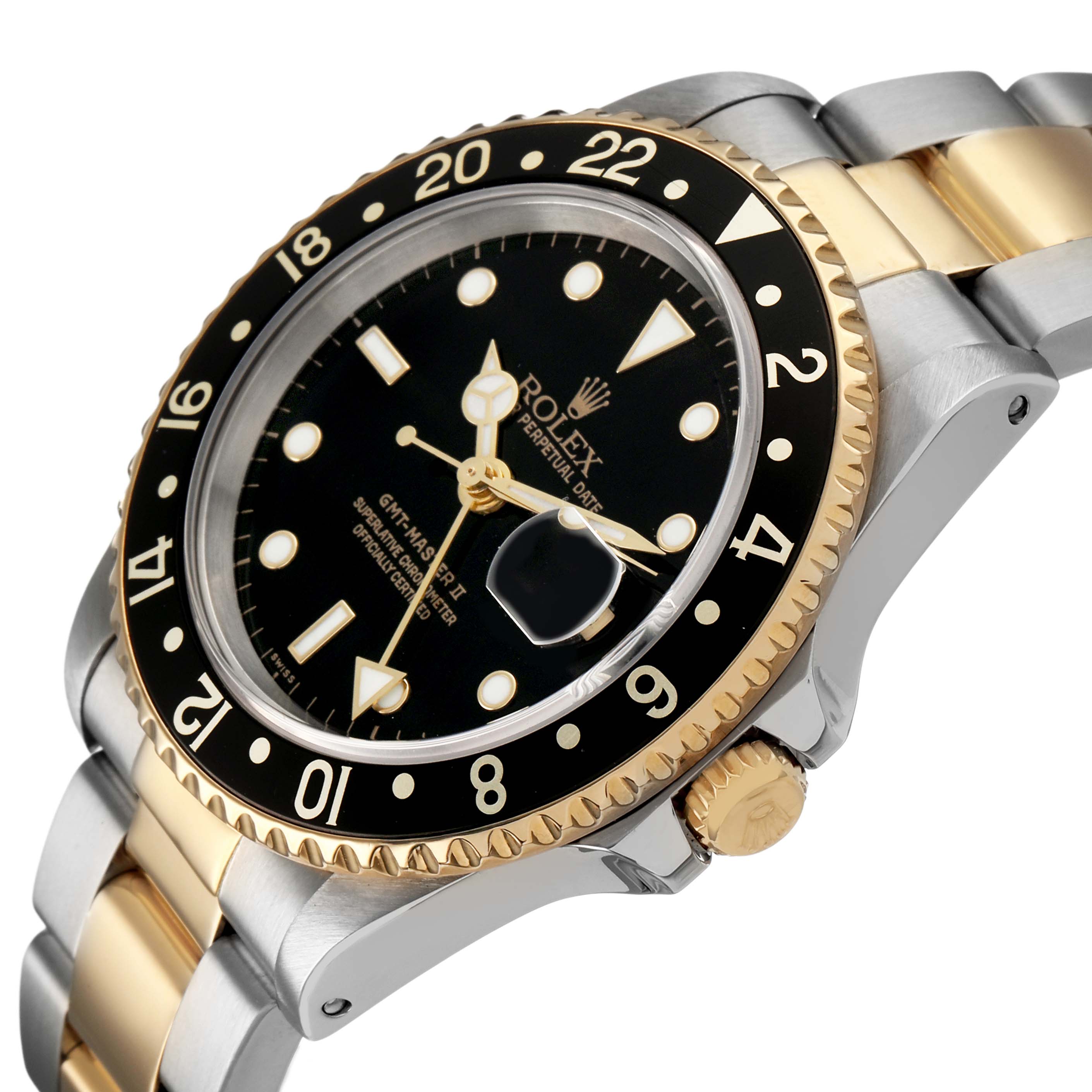 The Rolex GMT-Master 16713LN Men's Steel and Gold (two tone) Black Dial is shown at a side angle, highlighting the bezel, crown, dial, and part of the bracelet.