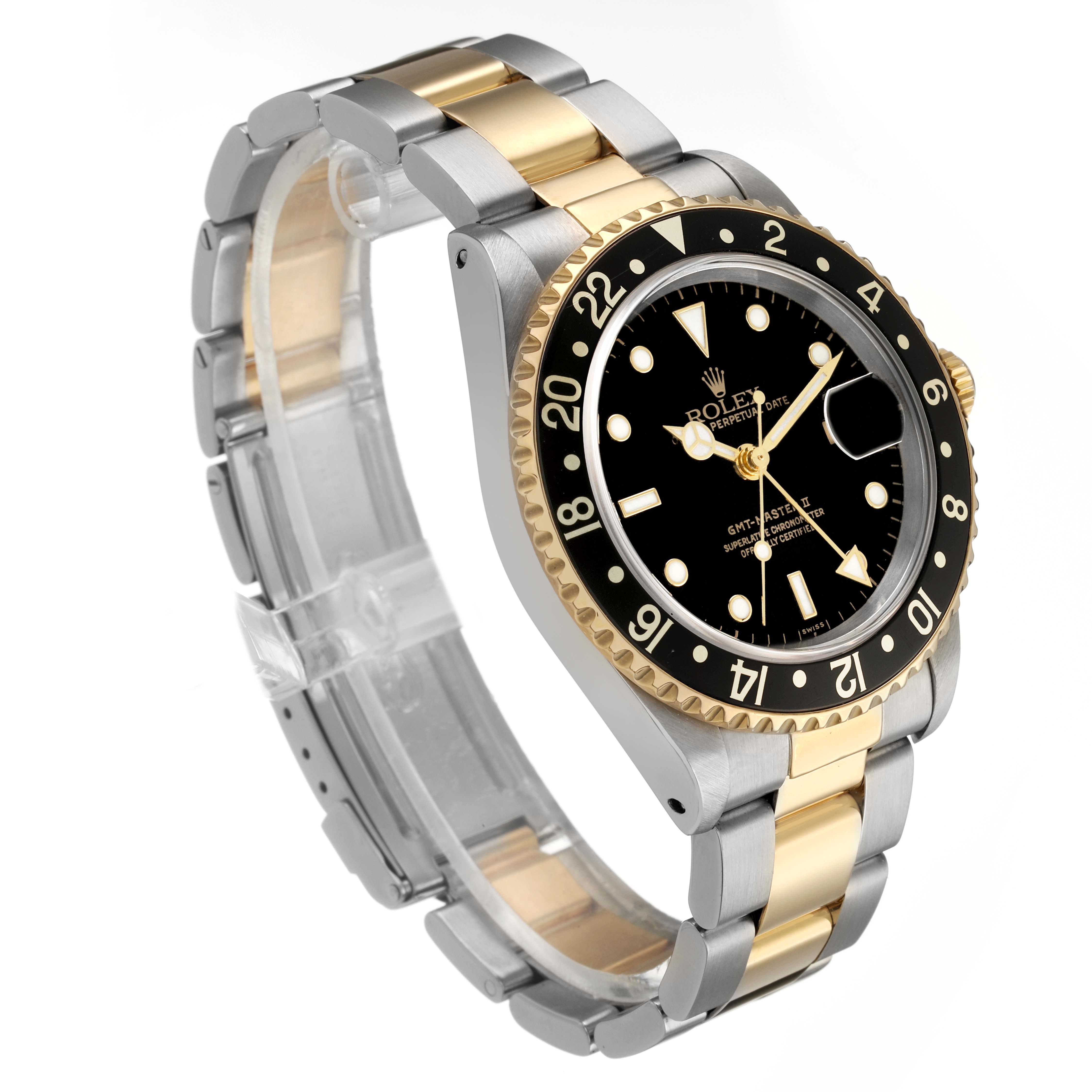 The Rolex GMT-Master 16713LN Men's Steel and Gold (two tone) Black Dial watch is shown at a three-quarter angle, displaying the face, bezel, and two-tone bracelet.