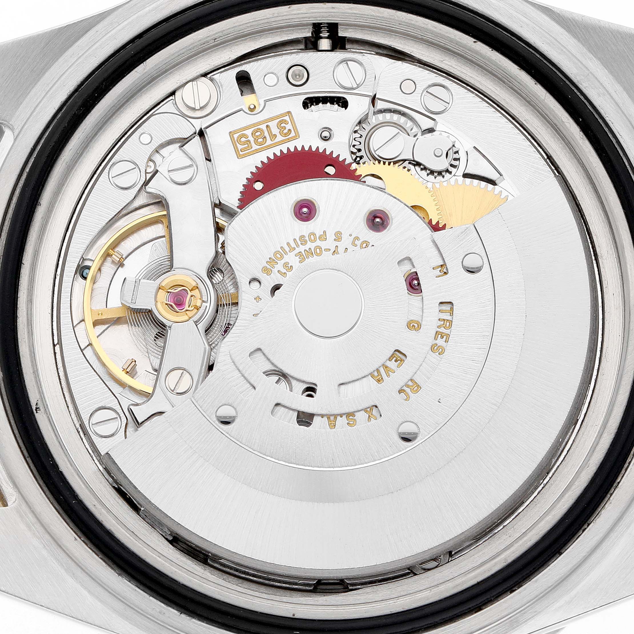 The image shows the open case back of a Rolex GMT-Master 16713LN Men's Steel and Gold (two tone) Black Dial, revealing the intricate movement and rotor.