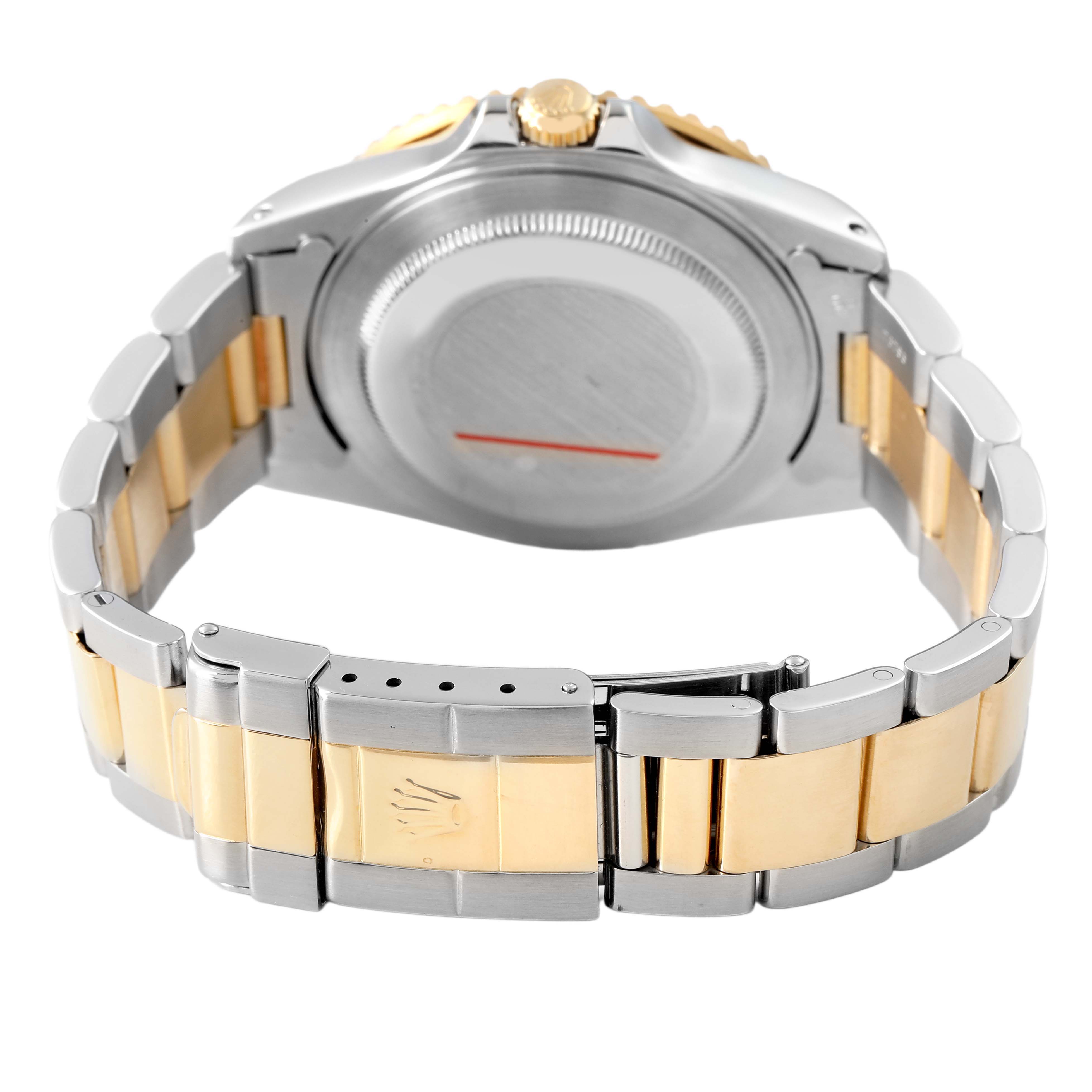 The image shows the back and bracelet of a Rolex GMT-Master 16713LN Men's Steel and Gold (two tone) Black Dial, focusing on the clasp and links.