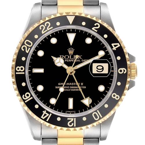 The image shows a frontal view of a Rolex GMT-Master 16713LN Men's Steel and Gold (two tone) Black Dial II with a black and gold bezel and two-tone bracelet.