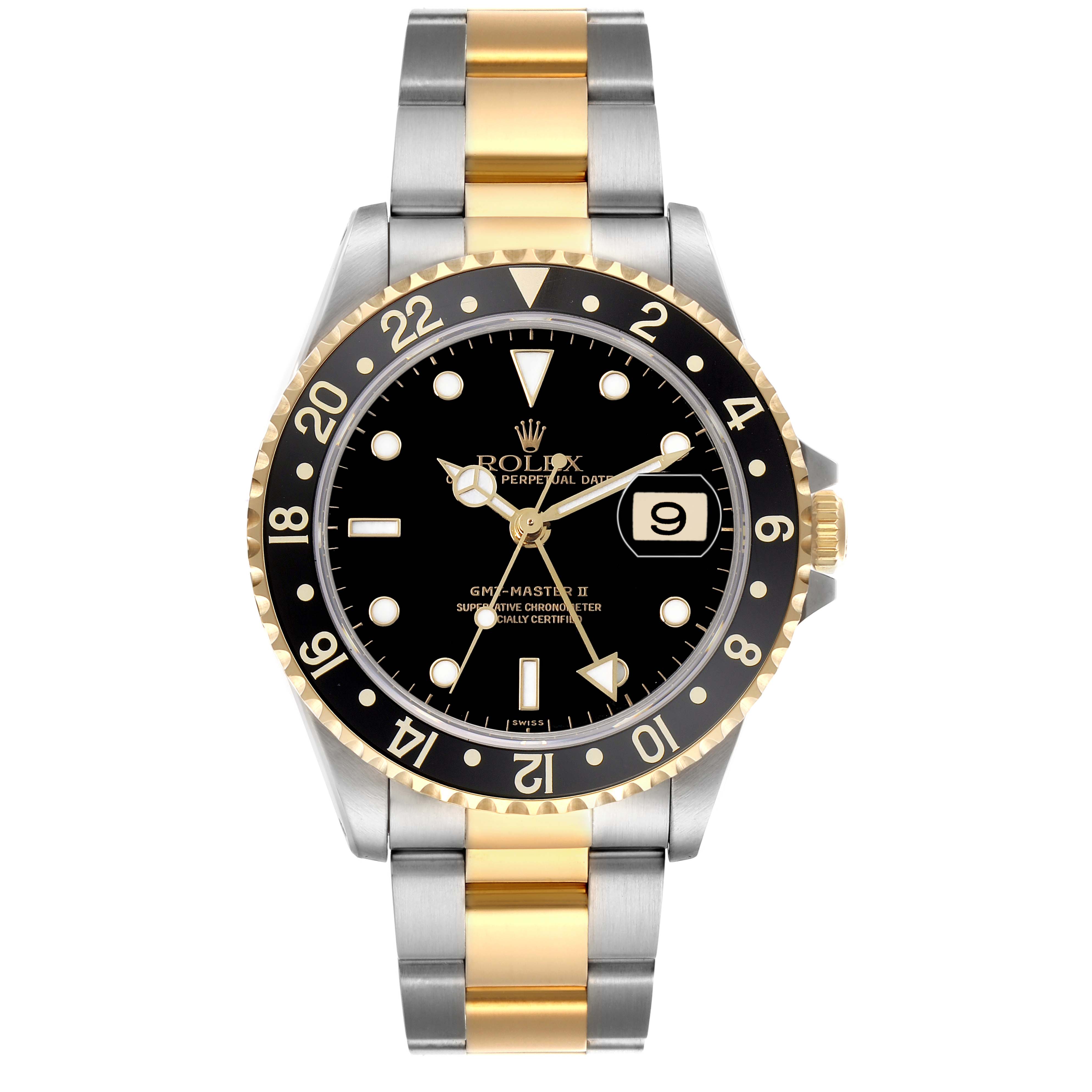 The Rolex GMT-Master 16713LN Men's Steel and Gold (two tone) Black Dial watch is shown from a front angle, highlighting the bezel, dial, hands, and two-tone bracelet.