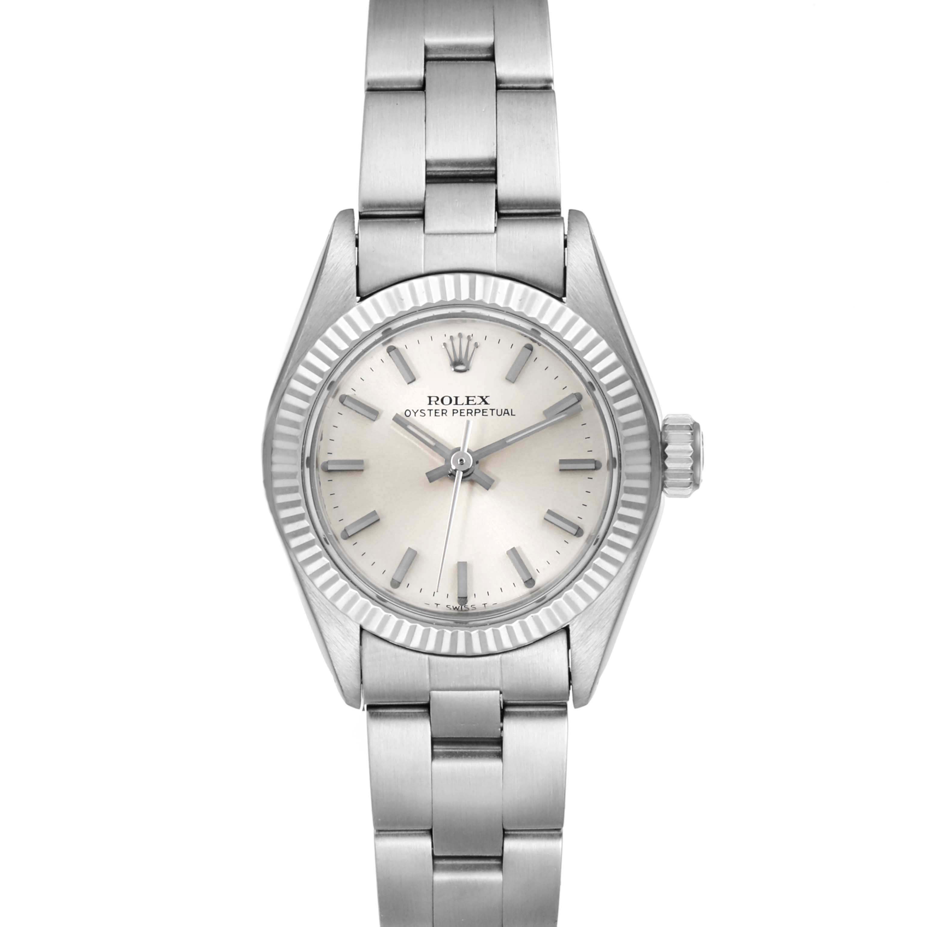 The image shows a front view of a Rolex Oyster Perpetual 6719 Women's Stainless Steel Silver Dial 6719 Women's Stainless Steel Silver Dial watch, including the dial, bezel, and bracelet.