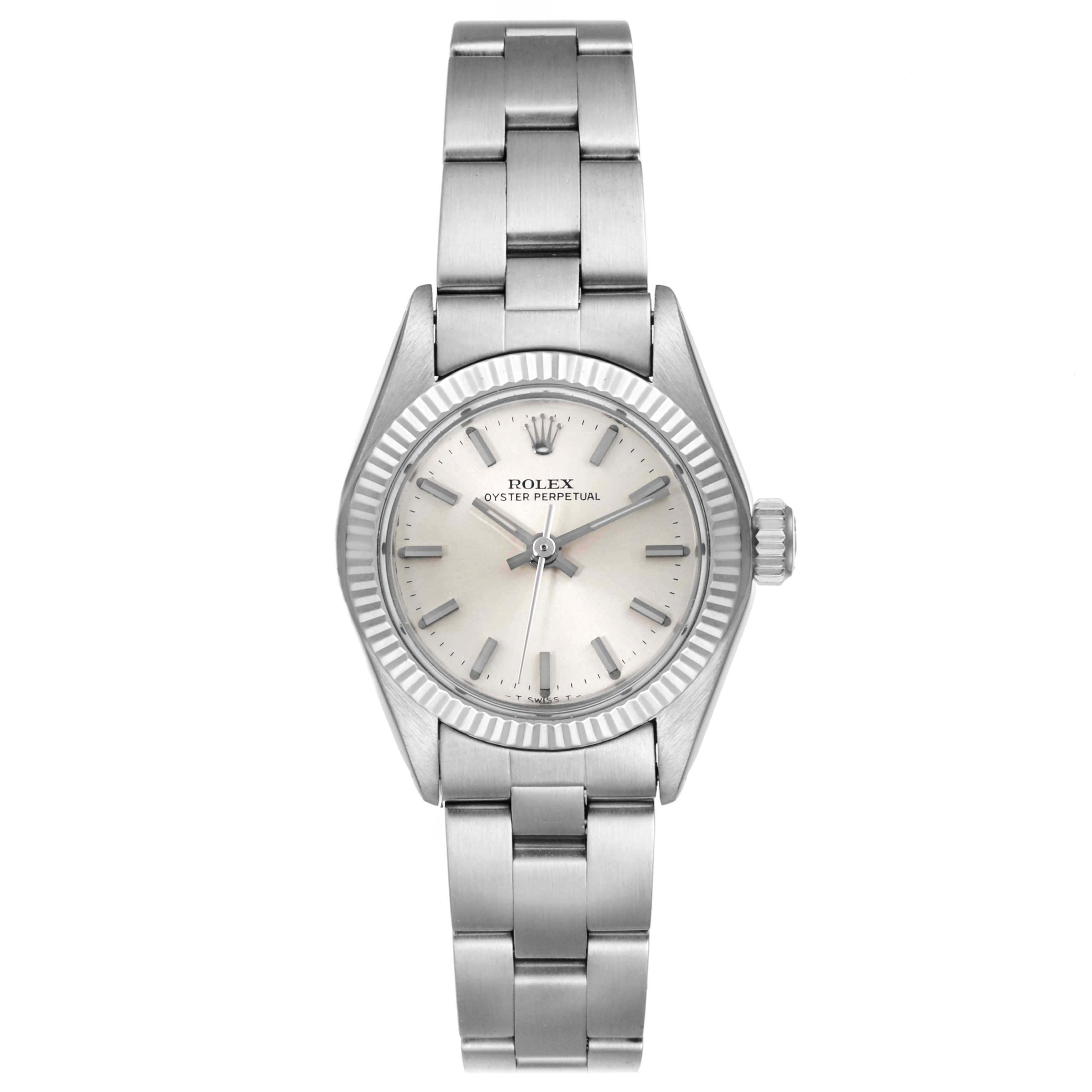 This Rolex Oyster Perpetual 6719 Women's Stainless Steel Silver Dial 6719 Women's Stainless Steel Silver Dial watch is shown from a front angle, displaying the full watch face and bracelet.