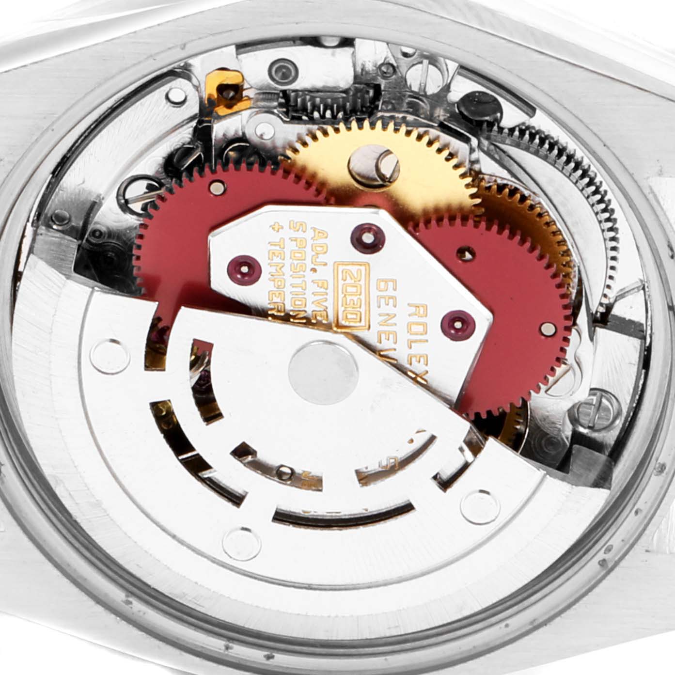 The image shows a close-up of the internal mechanical movement of a Rolex Oyster Perpetual 6719 Women's Stainless Steel Silver Dial 6719 Women's Stainless Steel Silver Dial watch, highlighting gears and components.