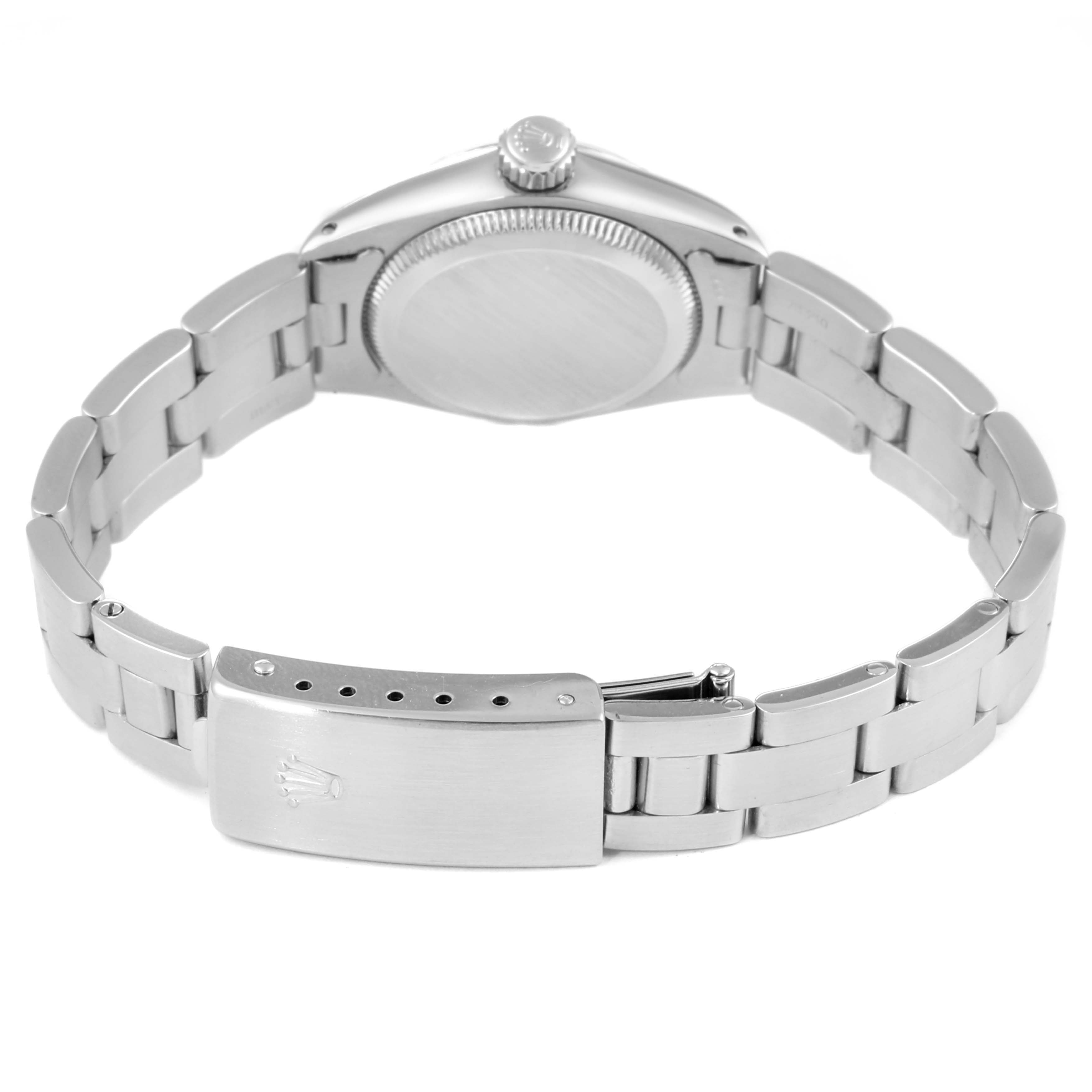 The image shows the back view of a Rolex Oyster Perpetual 6719 Women's Stainless Steel Silver Dial 6719 Women's Stainless Steel Silver Dial watch, highlighting the clasp and case back.