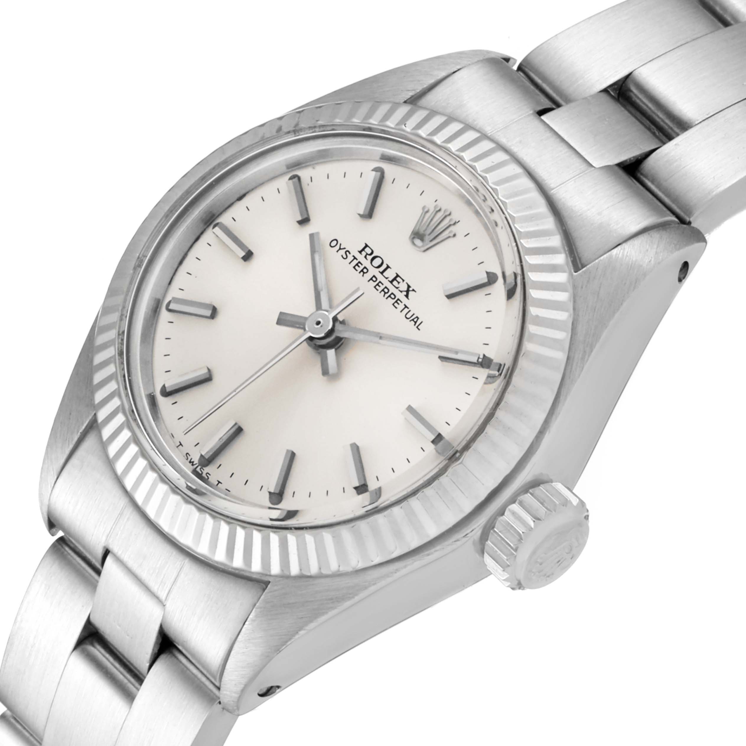 The Rolex Oyster Perpetual 6719 Women's Stainless Steel Silver Dial 6719 Women's Stainless Steel Silver Dial watch is shown at an angle, detailing the face, bezel, crown, and part of the bracelet.