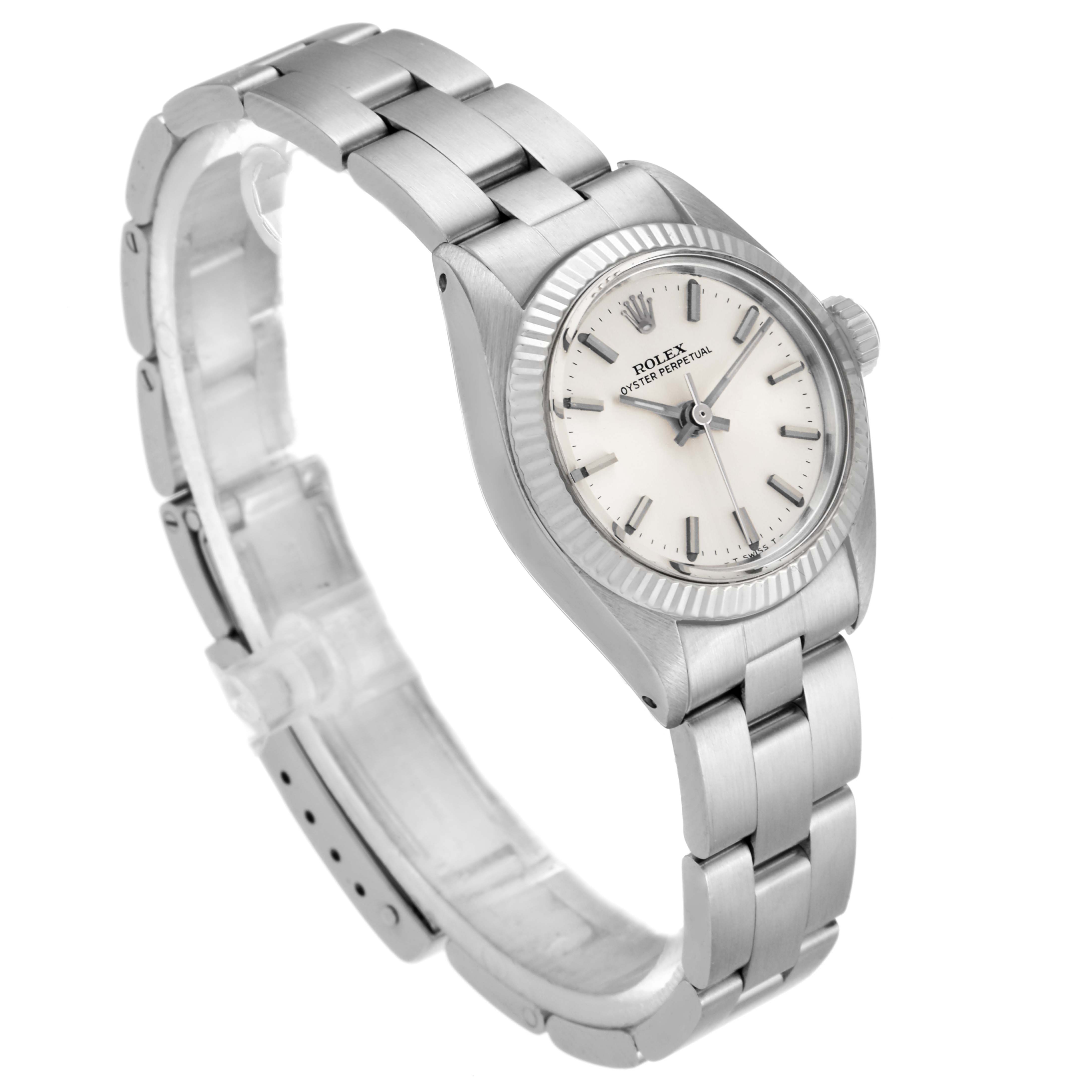 The image shows a side angle view of a Rolex Oyster Perpetual 6719 Women's Stainless Steel Silver Dial 6719 Women's Stainless Steel Silver Dial watch, displaying the bracelet, case, dial, and crown.