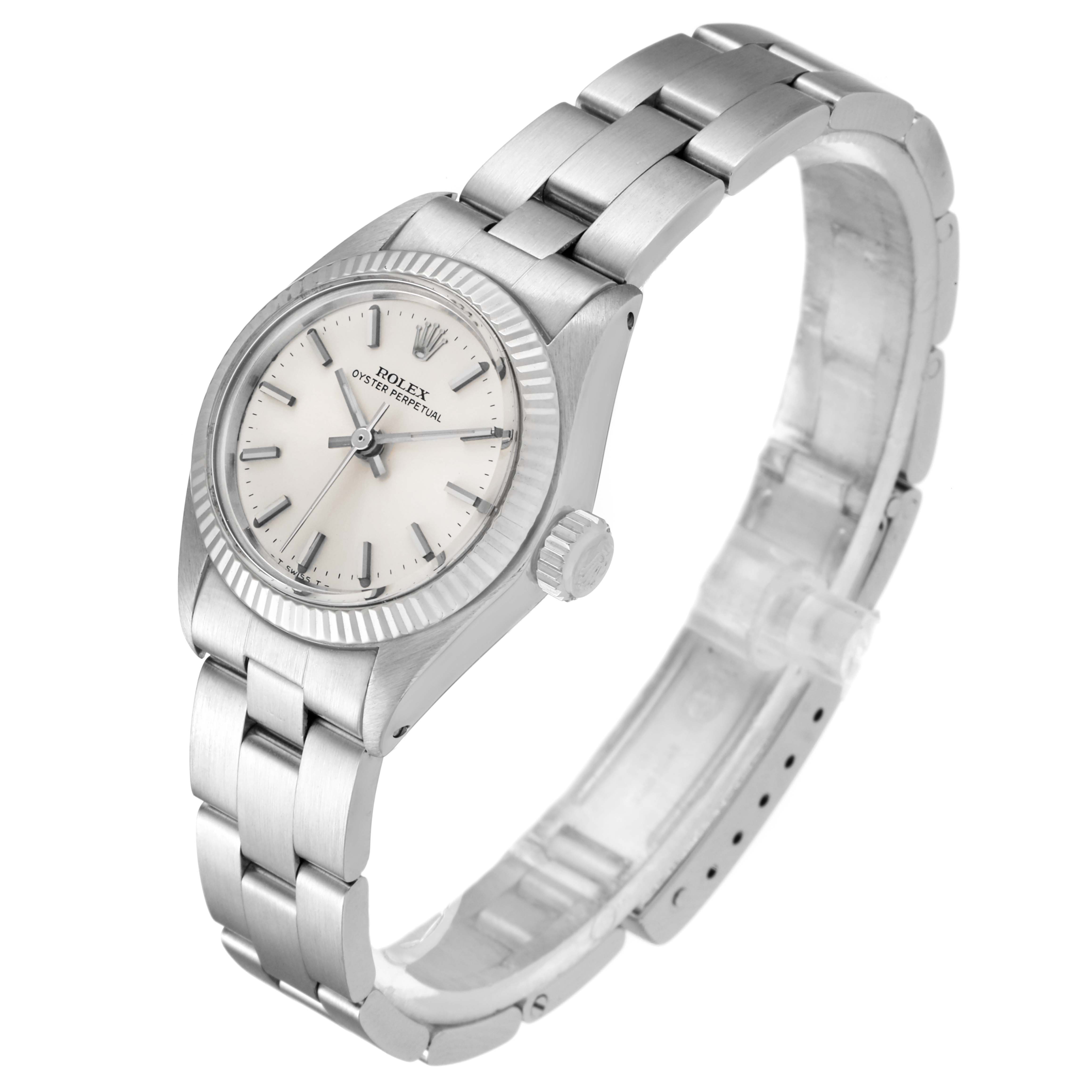 The image shows a Rolex Oyster Perpetual 6719 Women's Stainless Steel Silver Dial 6719 Women's Stainless Steel Silver Dial watch at a slight angle, displaying the dial, bracelet, crown, and bezel.