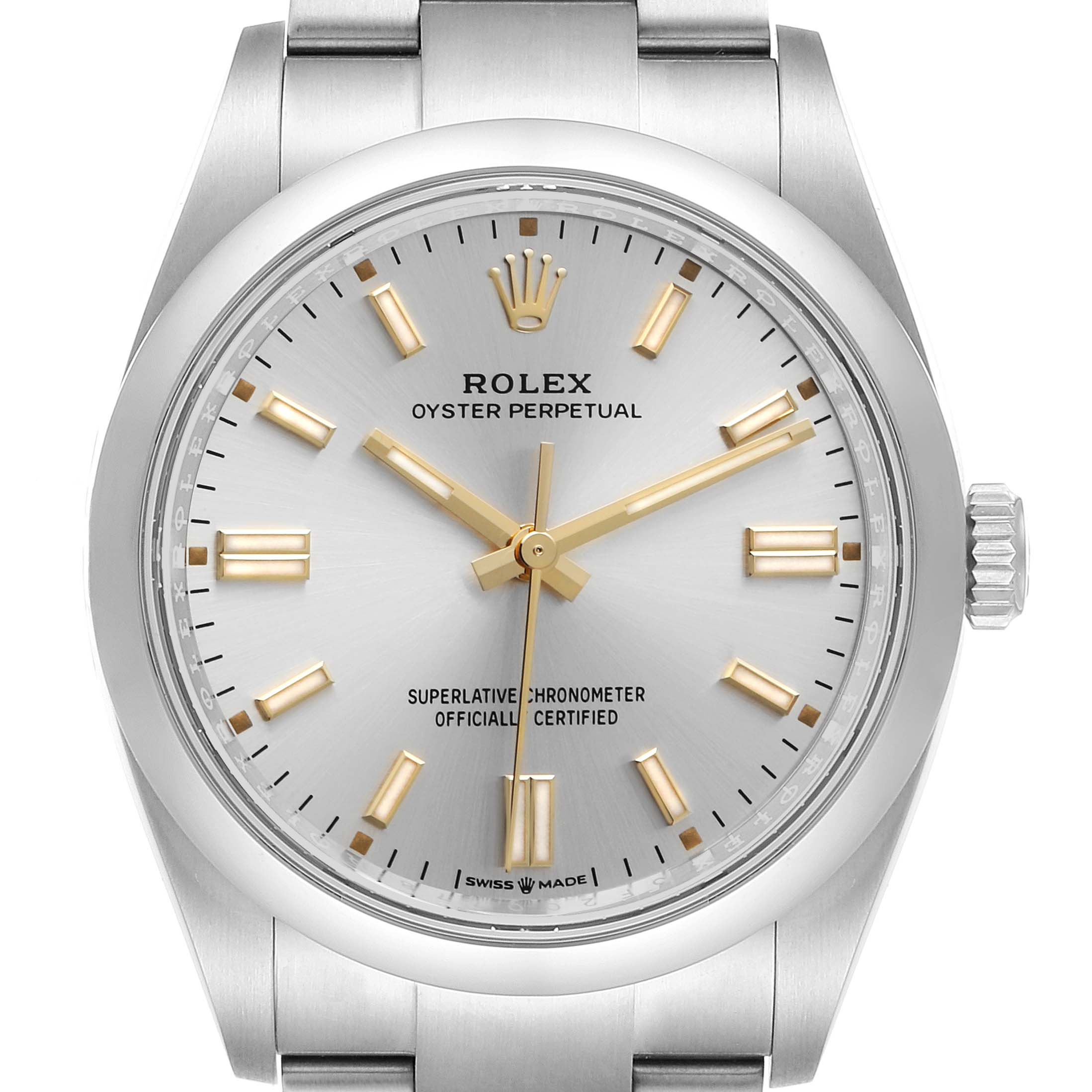 This image shows a frontal view of the Rolex Oyster Perpetual 126000 Men
s Stainless Steel Silver Dial 126000 Men
s Stainless Steel Silver Dial watch, highlighting its dial, hands, crown, and part of the bracelet.