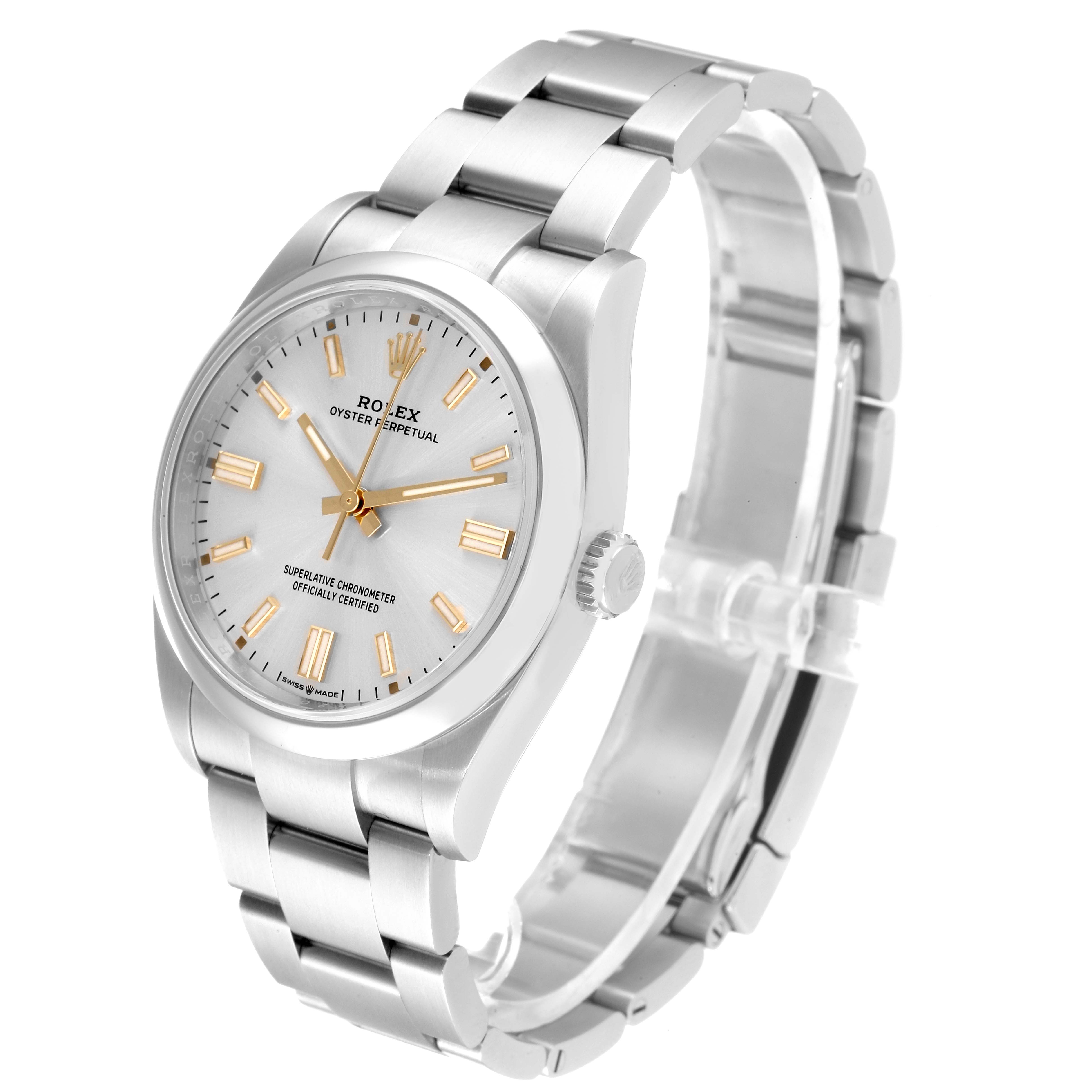 This image shows a Rolex Oyster Perpetual 126000 Men
s Stainless Steel Silver Dial 126000 Men
s Stainless Steel Silver Dial watch at a three-quarter angle, clearly displaying the dial, case, and bracelet.