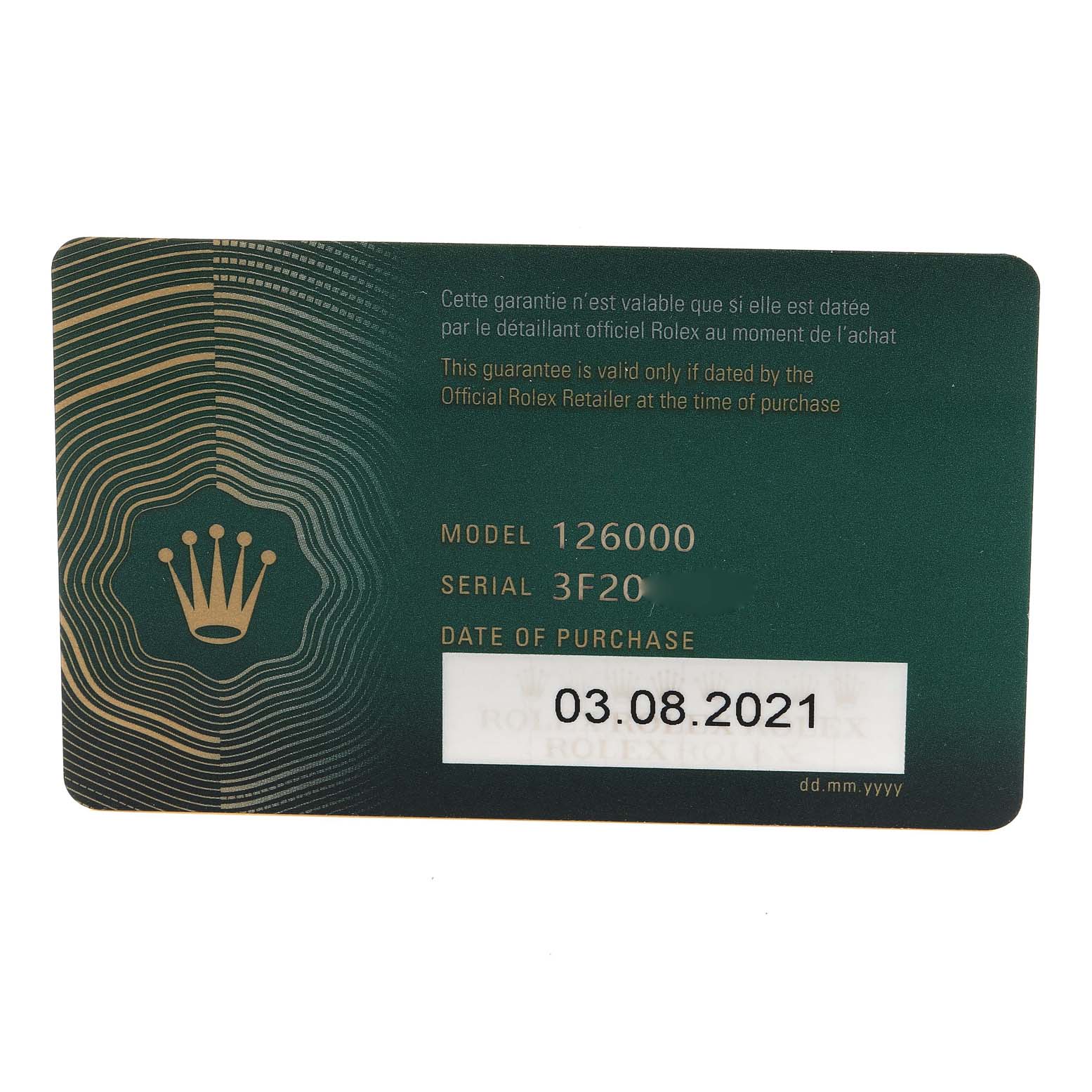 This image shows the warranty card for a Rolex Oyster Perpetual 126000 Men
s Stainless Steel Silver Dial 126000 Men
s Stainless Steel Silver Dial model 126000 with the date of purchase as 03.08.2021.