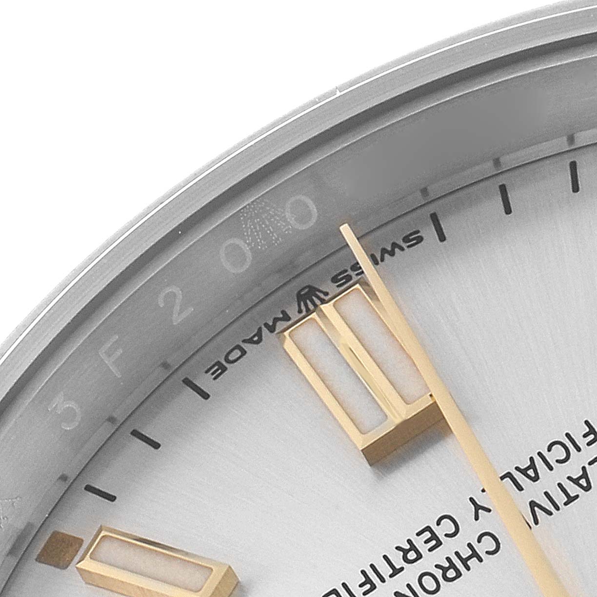 The image shows a close-up of the dial, hands, and indices of a Rolex Oyster Perpetual 126000 Men
s Stainless Steel Silver Dial 126000 Men
s Stainless Steel Silver Dial watch.